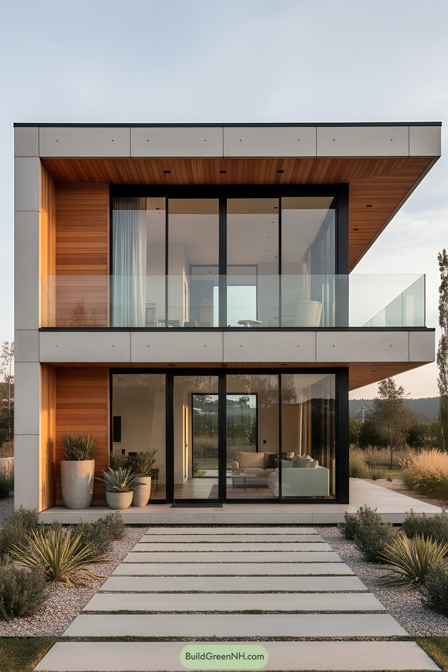 Two-story modern house with large glass windows