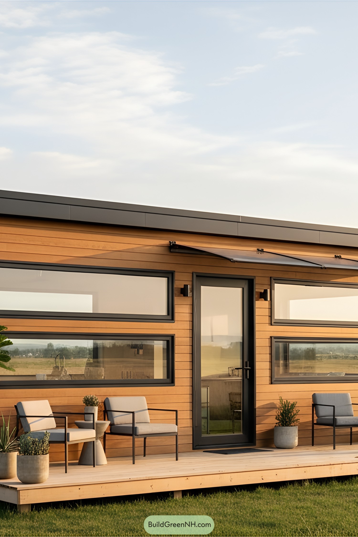Modern tiny house with large windows and a wooden deck
