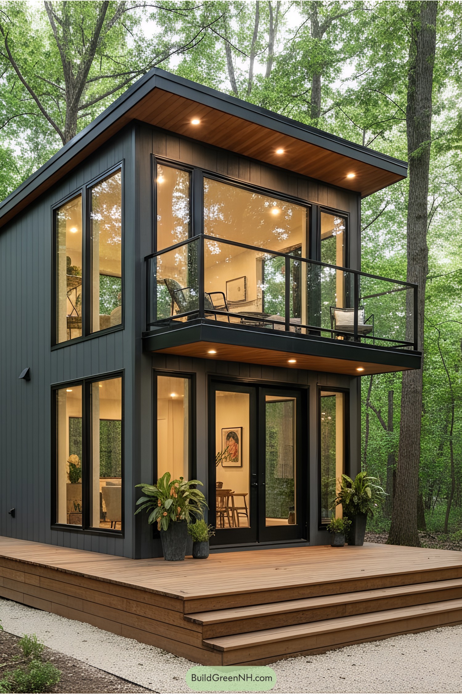 Sleek tiny house with large windows in a forest setting