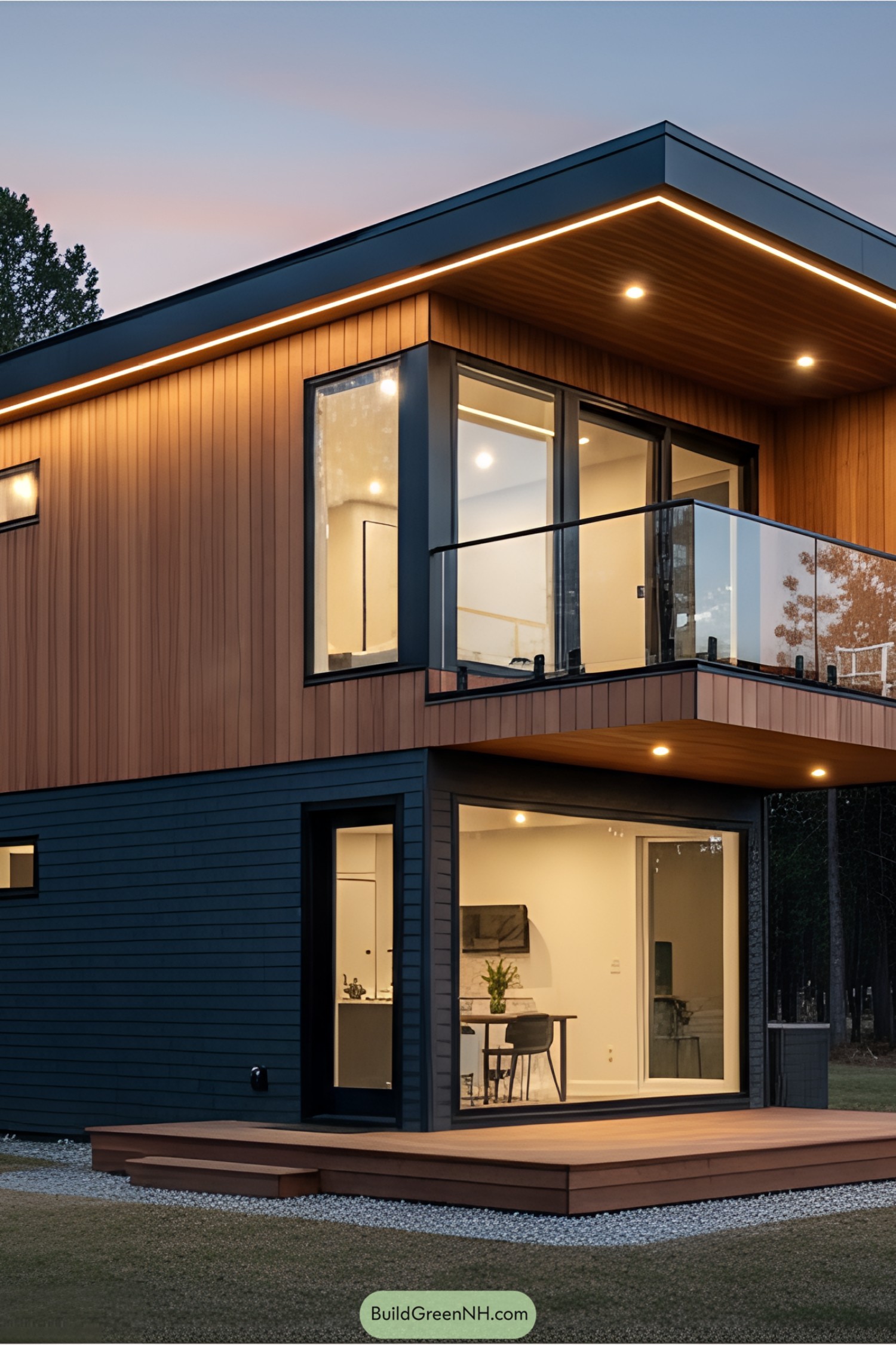Modern two-story house with large windows and balcony