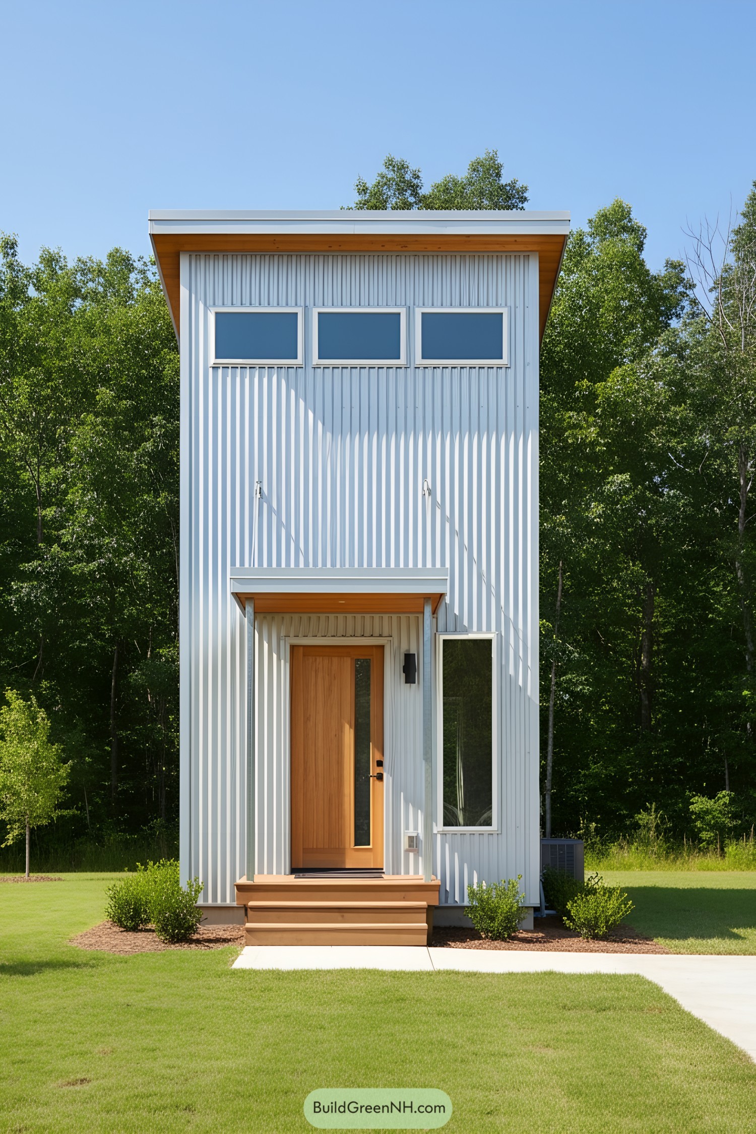 Tall modern tiny house with corrugated metal siding and wooden accents