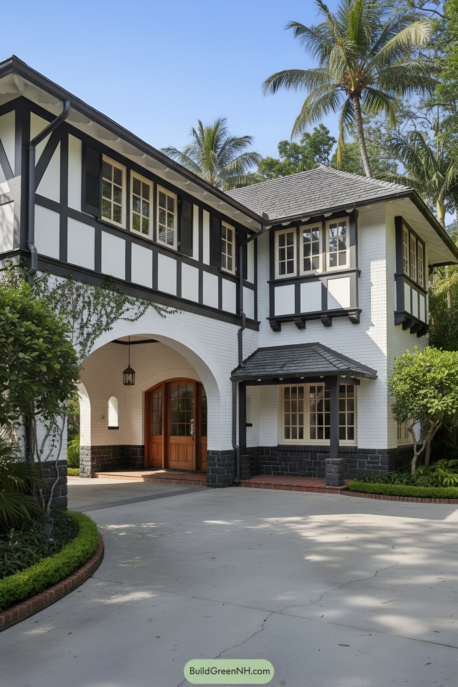 White colonial with black half-timbering and arched entry