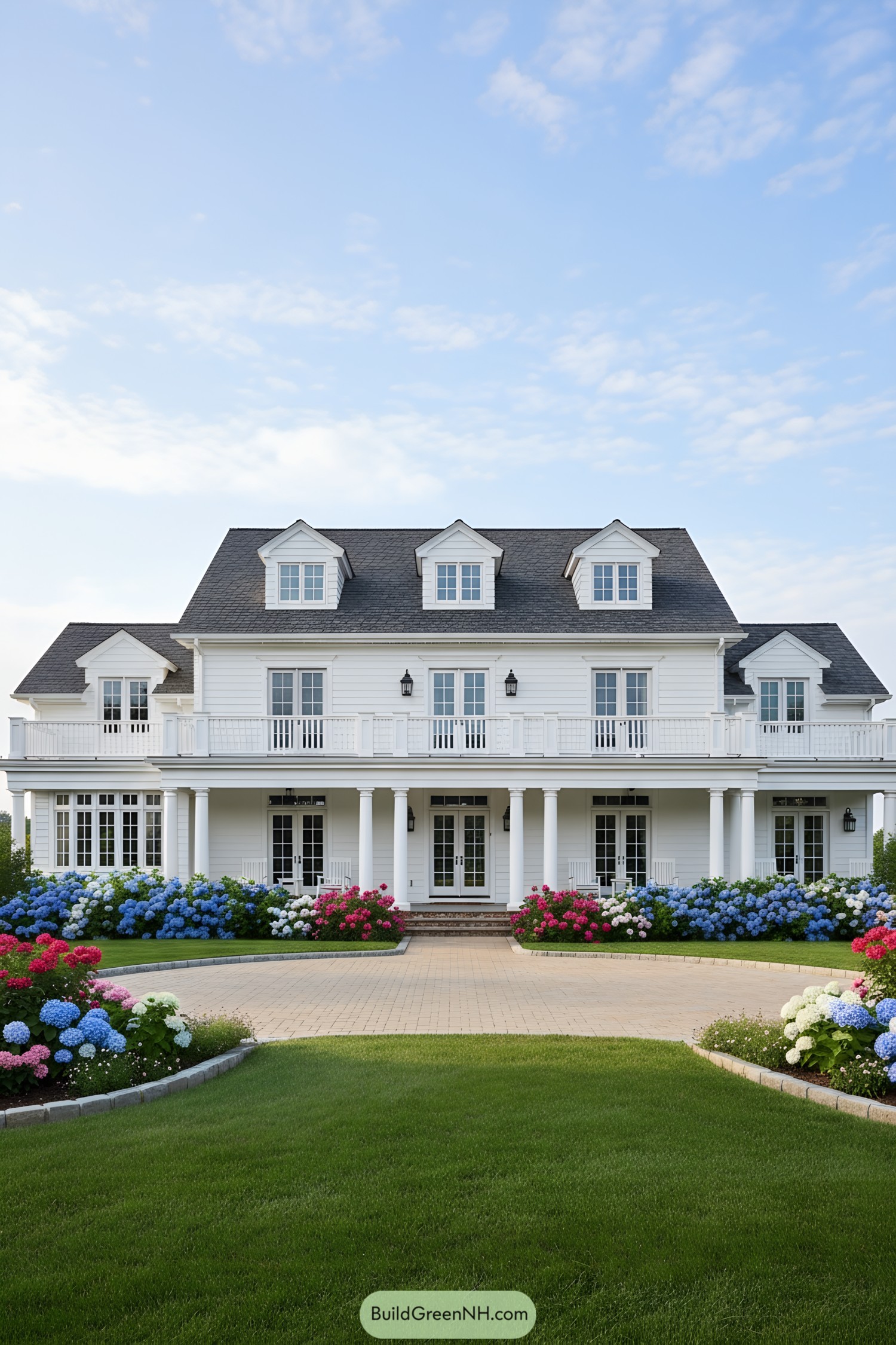 White colonial with dormers and wraparound porch