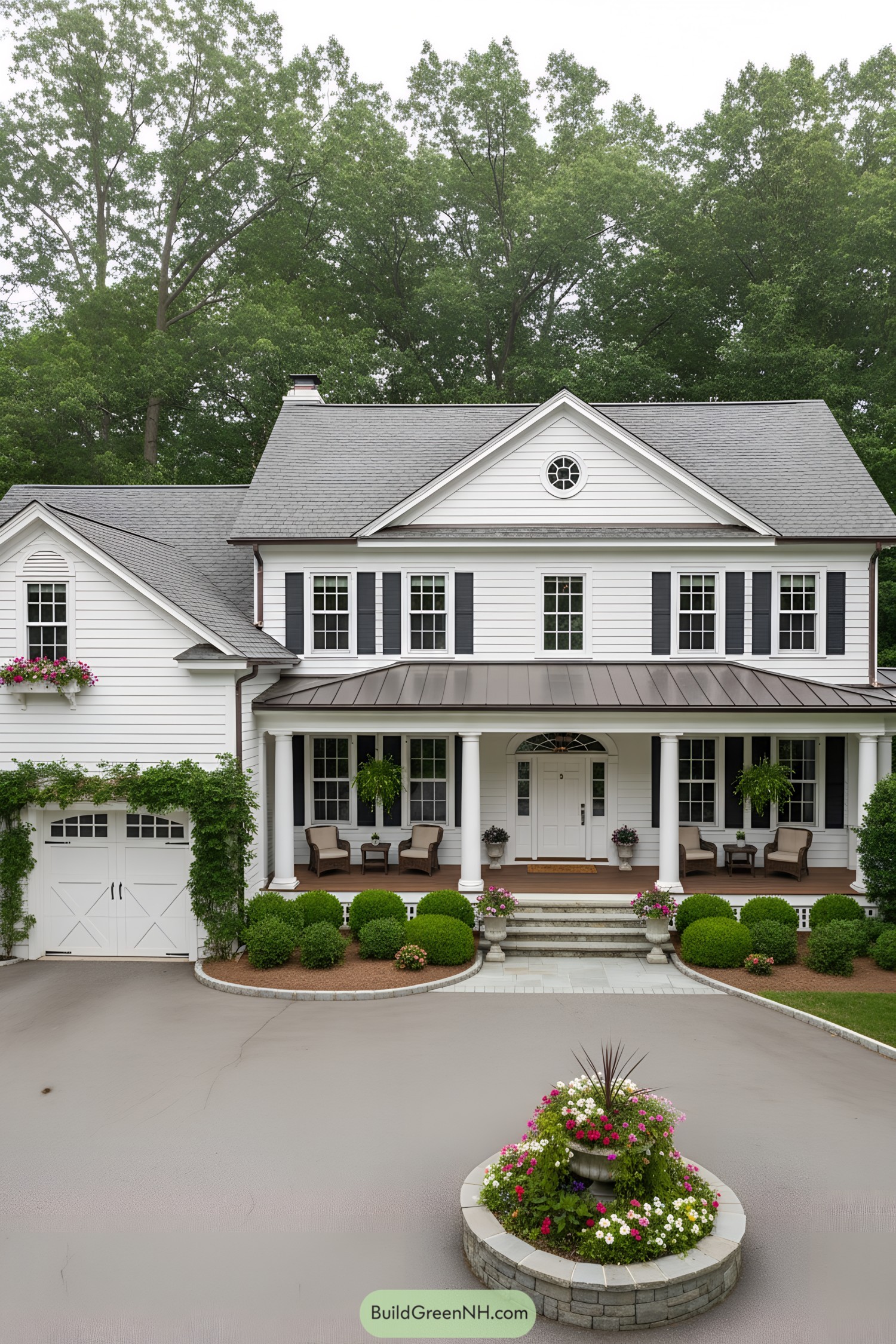 White colonial with copper porch roof, black shutters, and lush landscaping