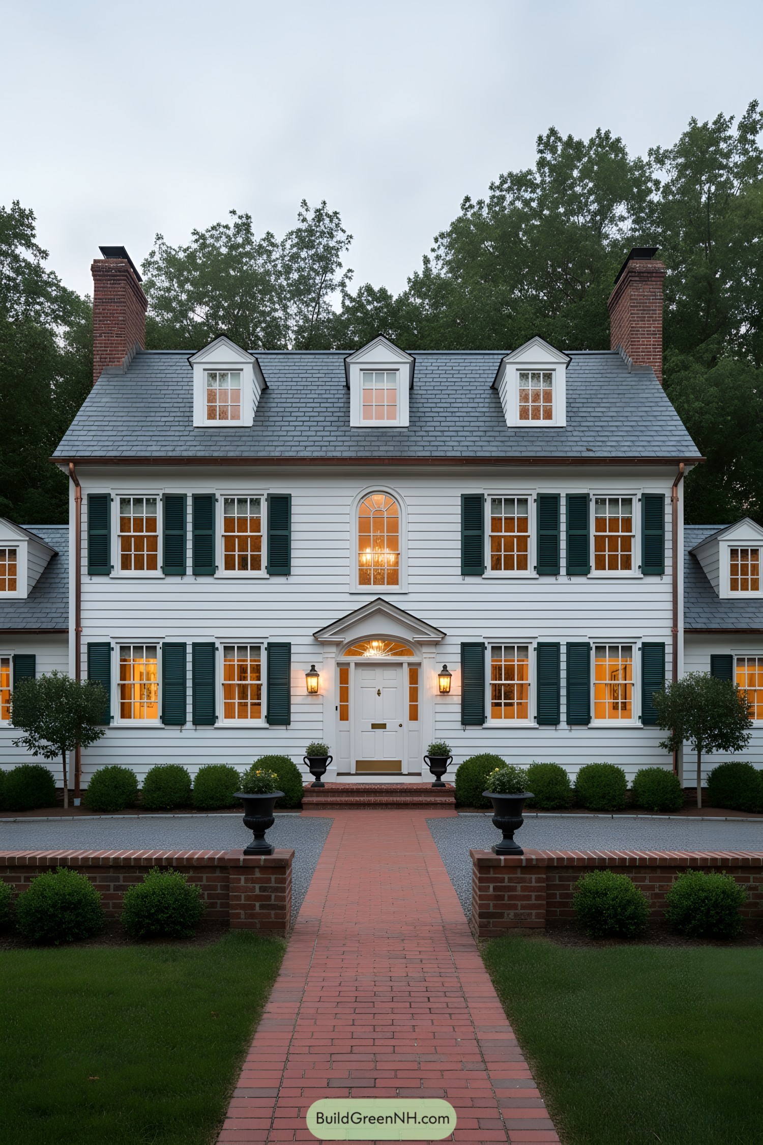 White colonial facade with green shutters and brick path