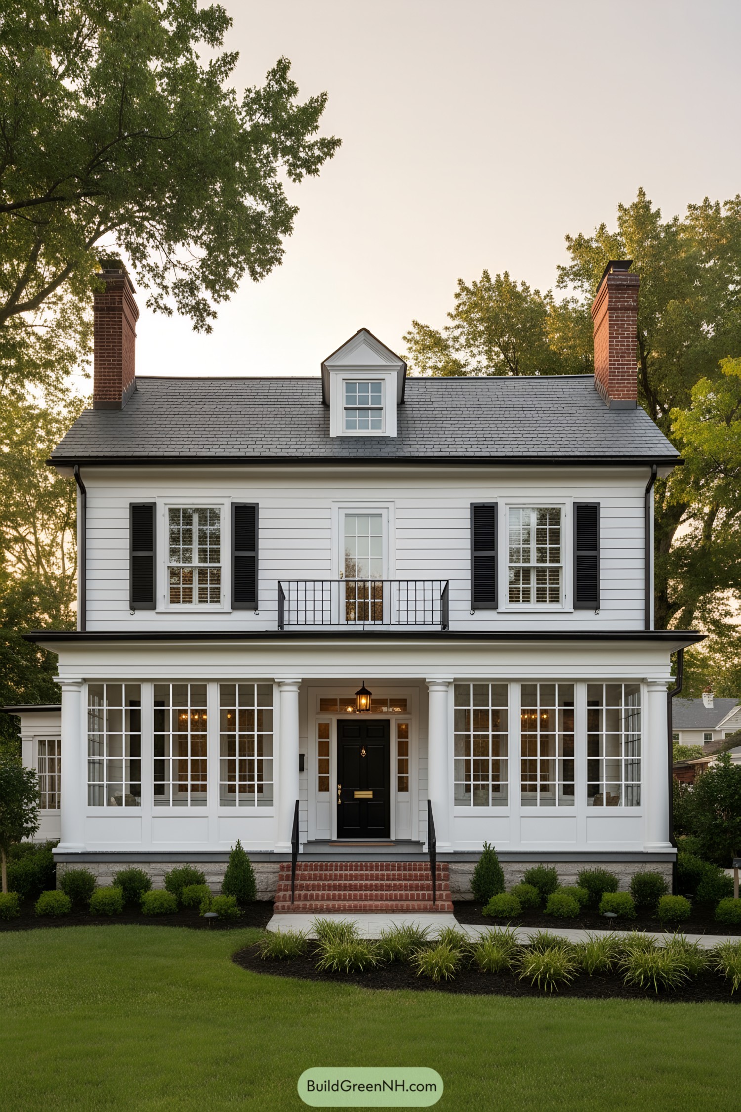 White colonial house with glassy sunrooms, black door, and twin brick chimneys