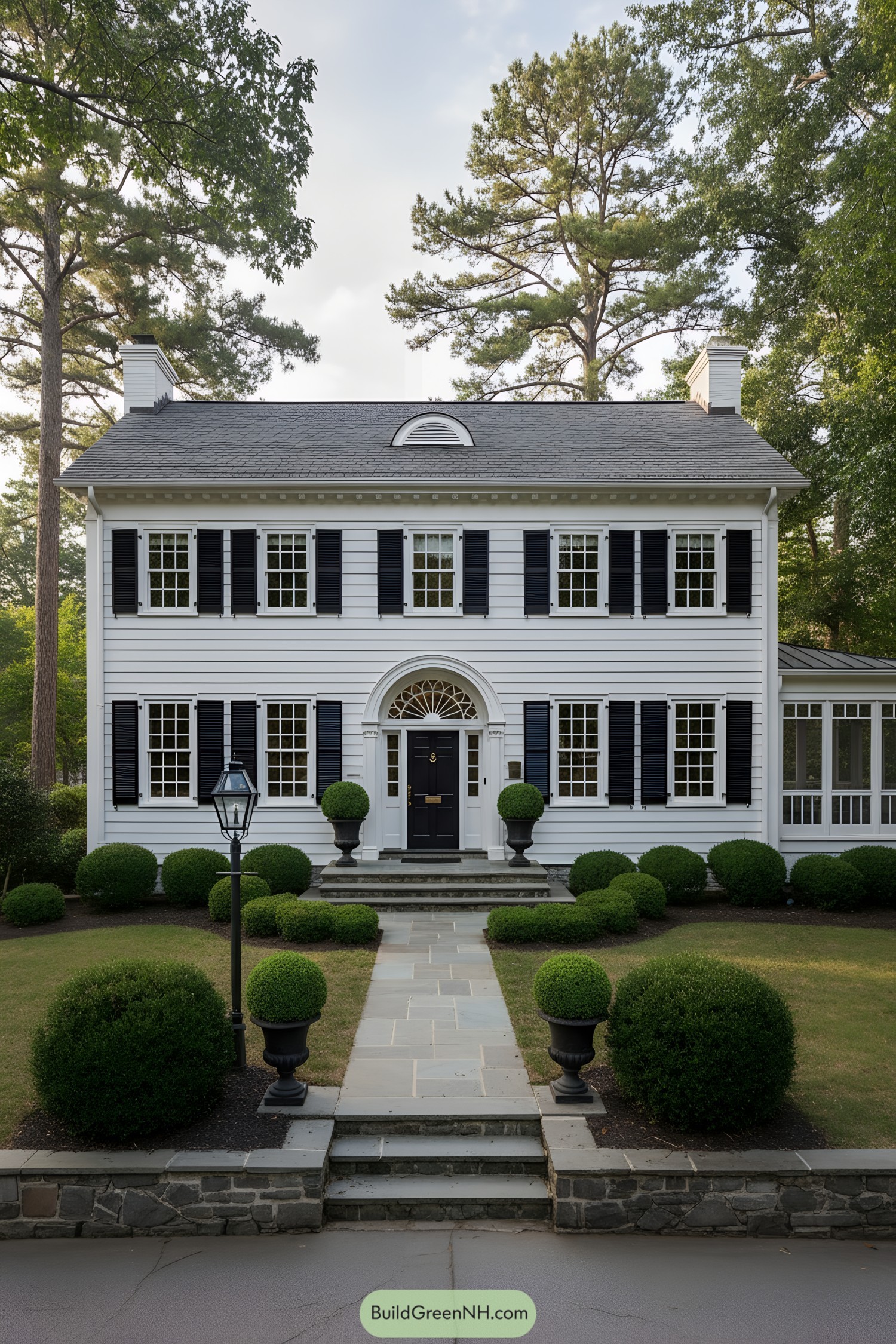 White clapboard colonial with black shutters, arched fanlight door, and manicured hedges