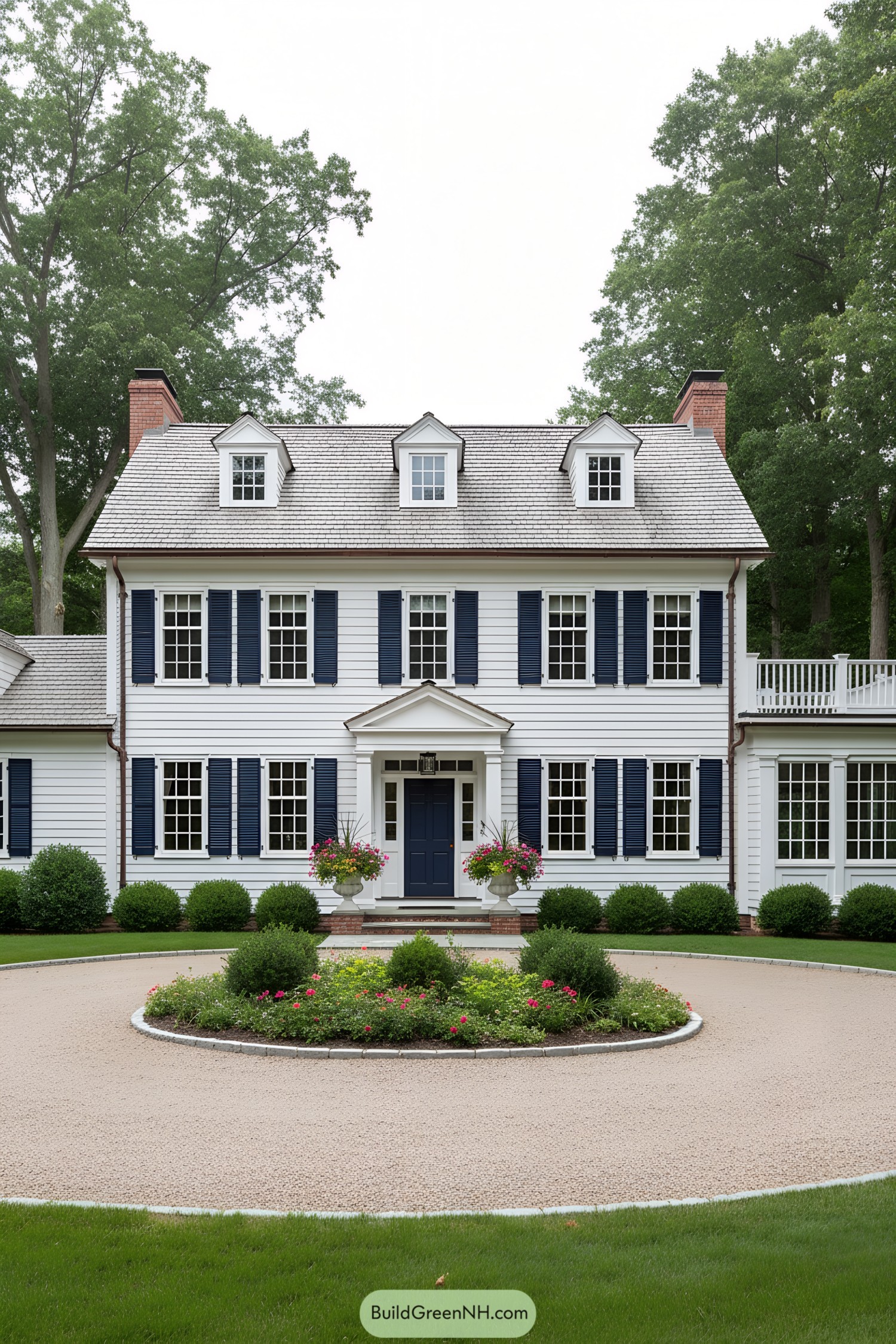 White clapboard colonial with blue shutters, dormers, and portico