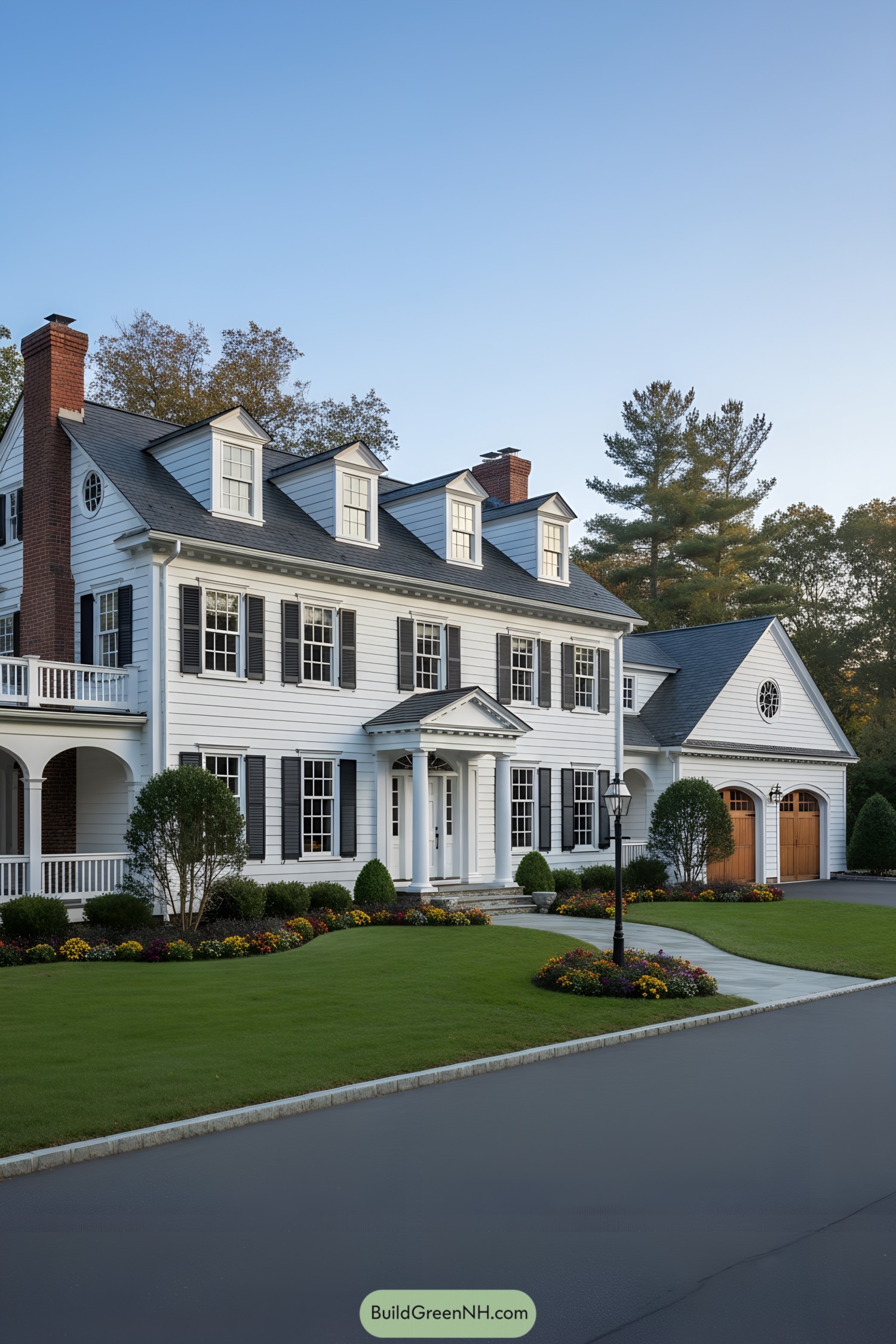 White clapboard colonial with dormers, portico, and black shutters