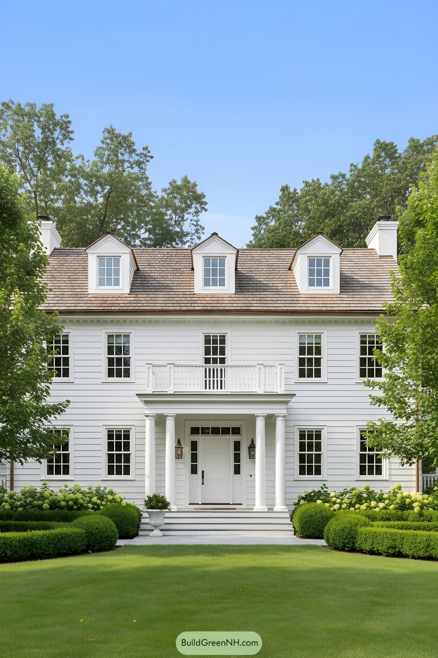 Symmetrical white colonial facade with dormers, columned porch, and manicured hedges