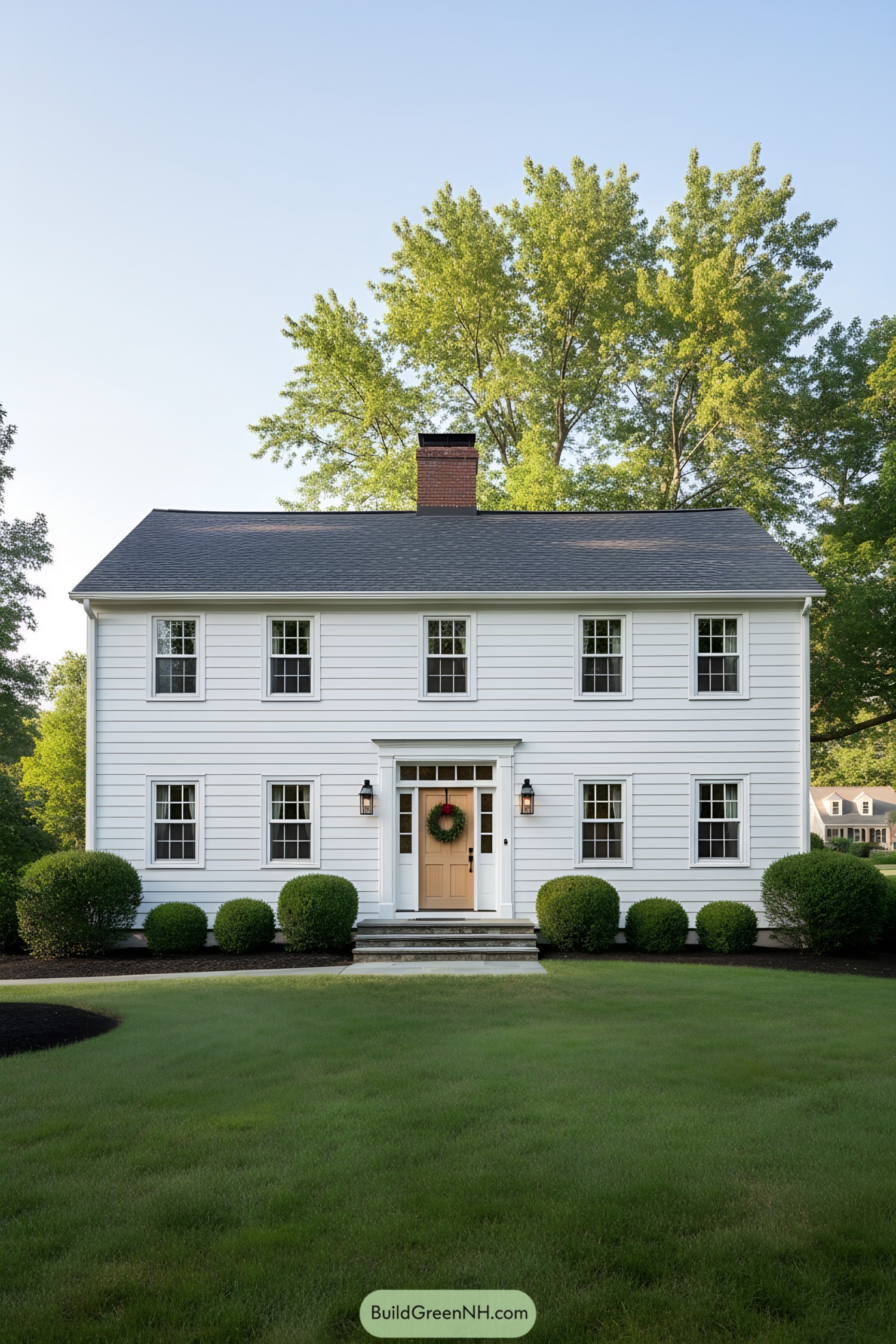 White clapboard colonial with centered entry and sand-colored door