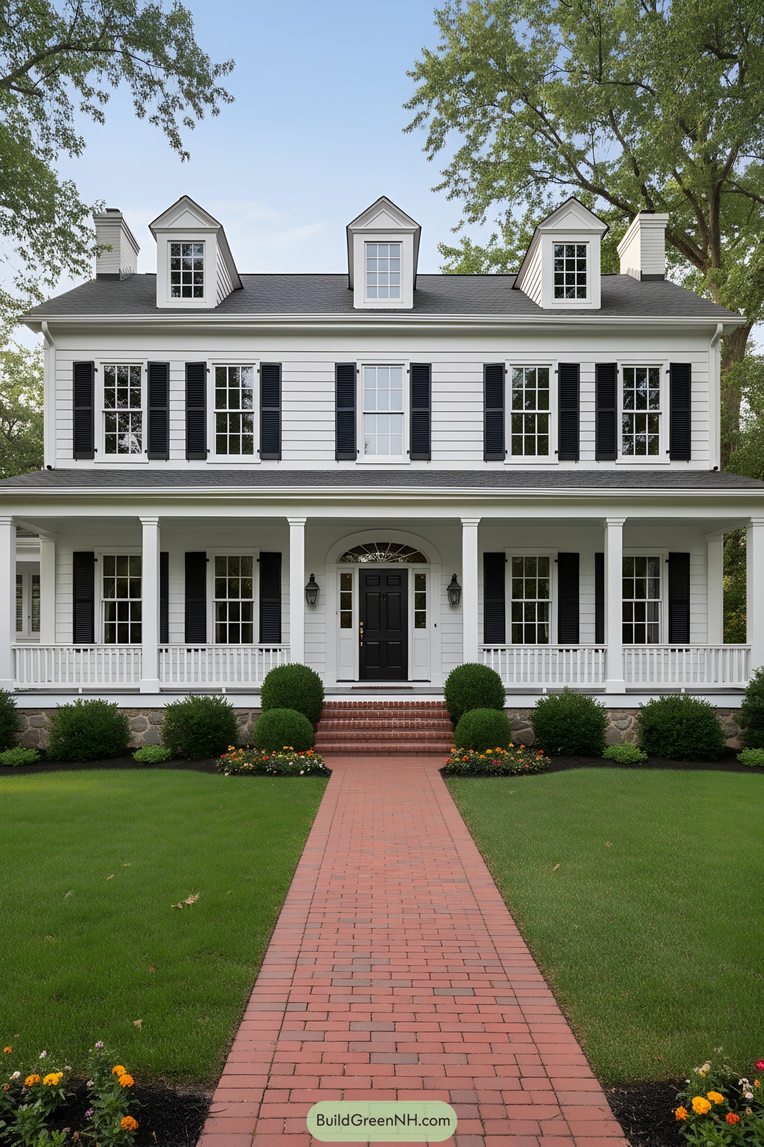 White colonial house with black shutters, dormers, and a wraparound porch
