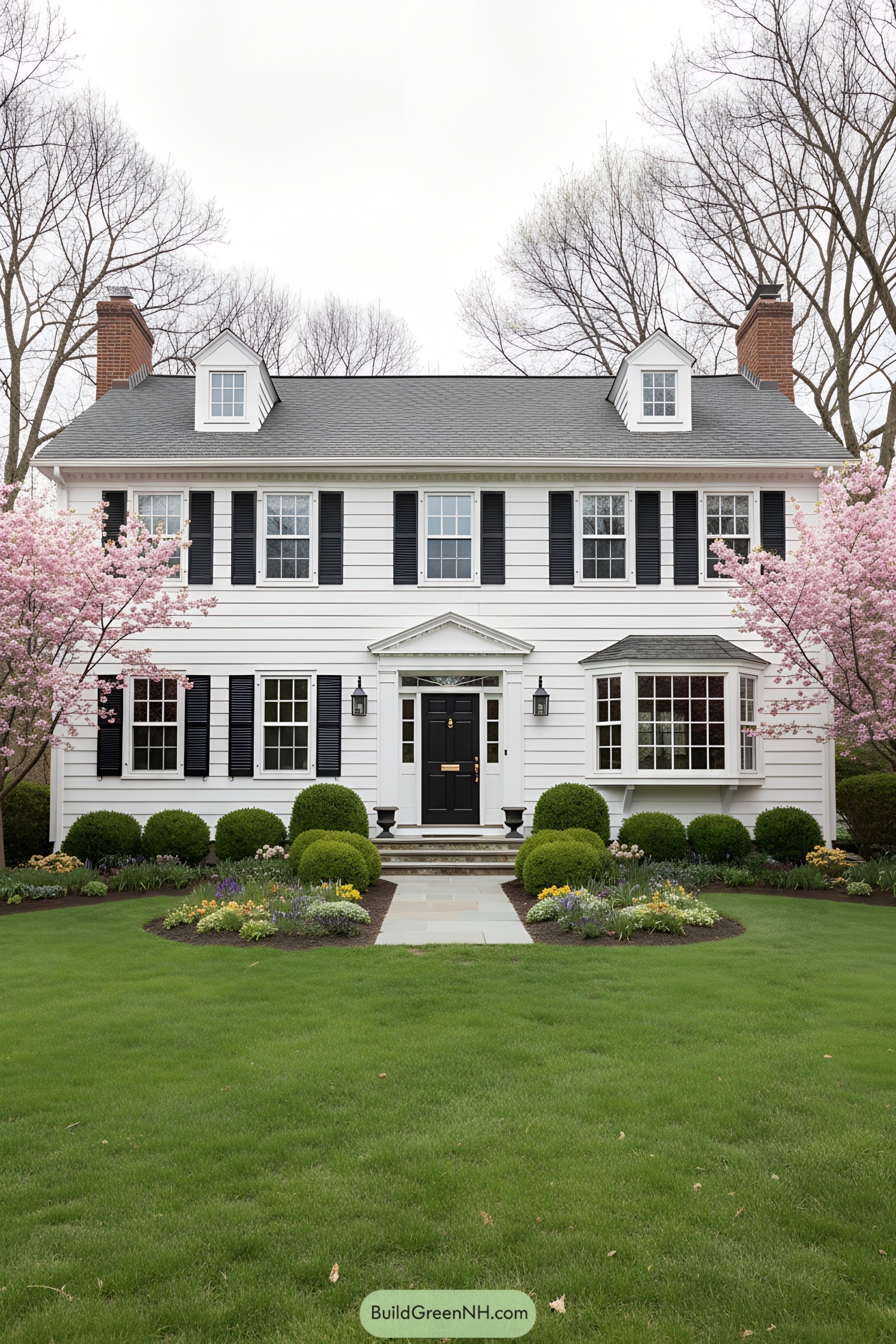 White colonial facade with black shutters, bay window, and centered pedimented entry flanked by lanterns