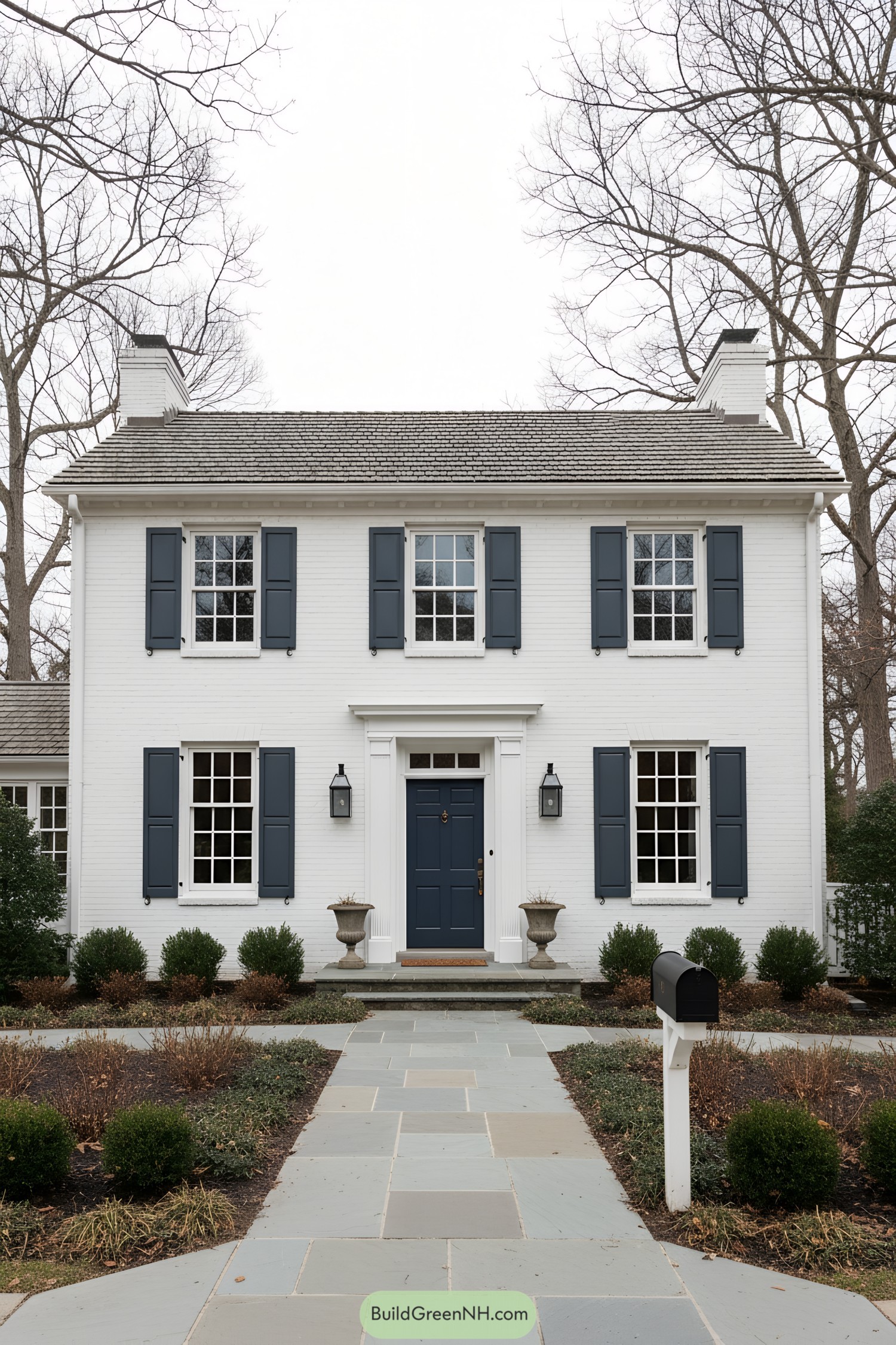 White brick colonial with slate roof and blue shutters