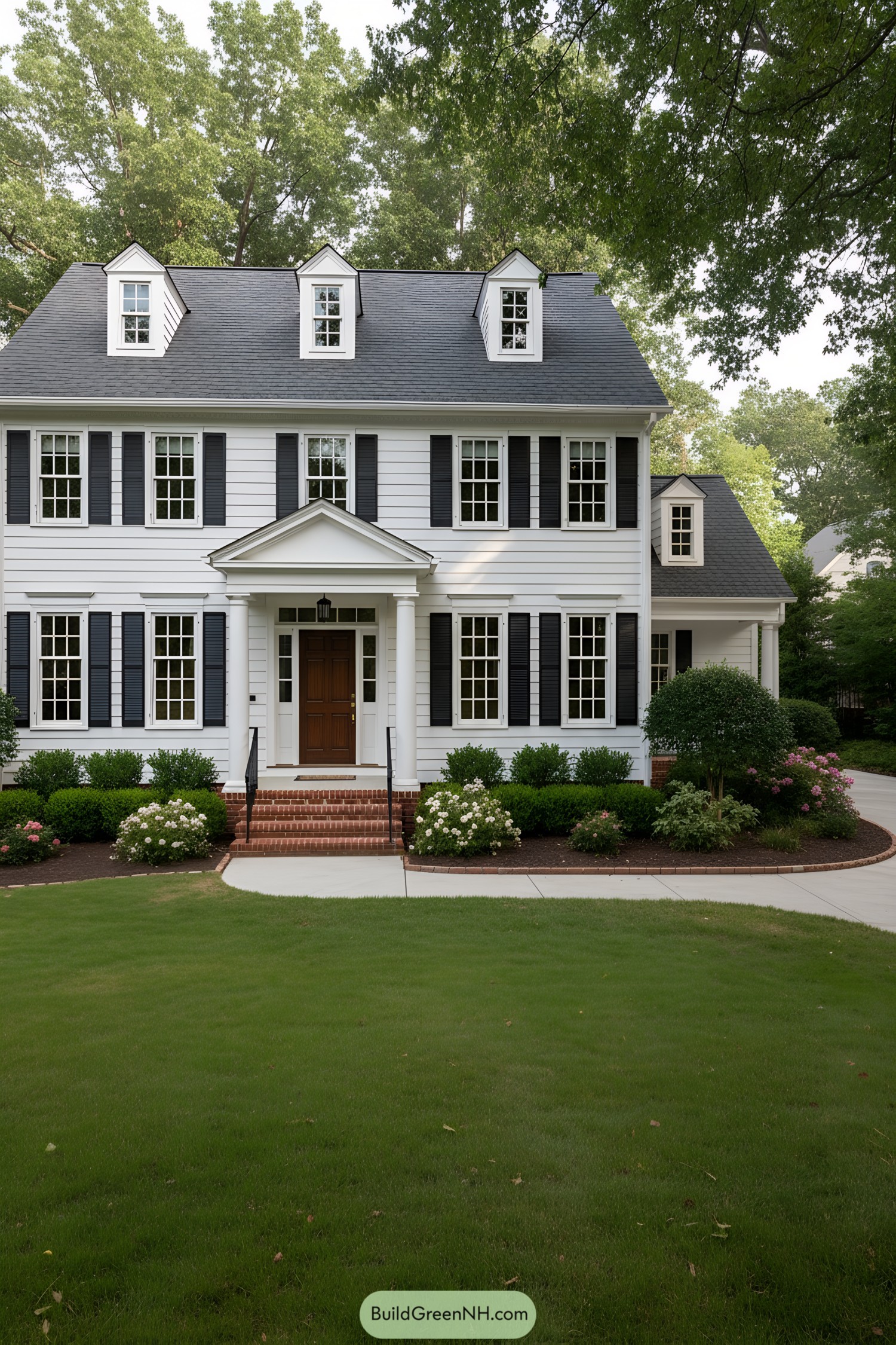 White colonial house with dormers, portico, and dark shutters