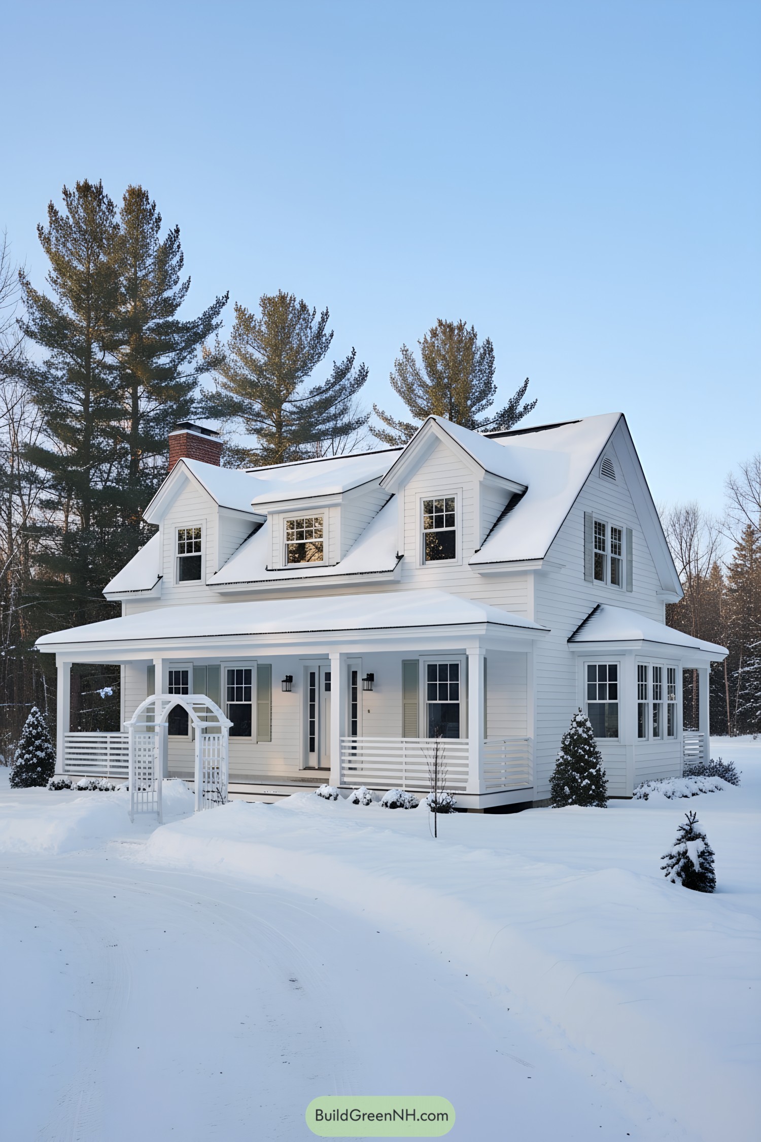 White gabled house with dormers and porch in snow
