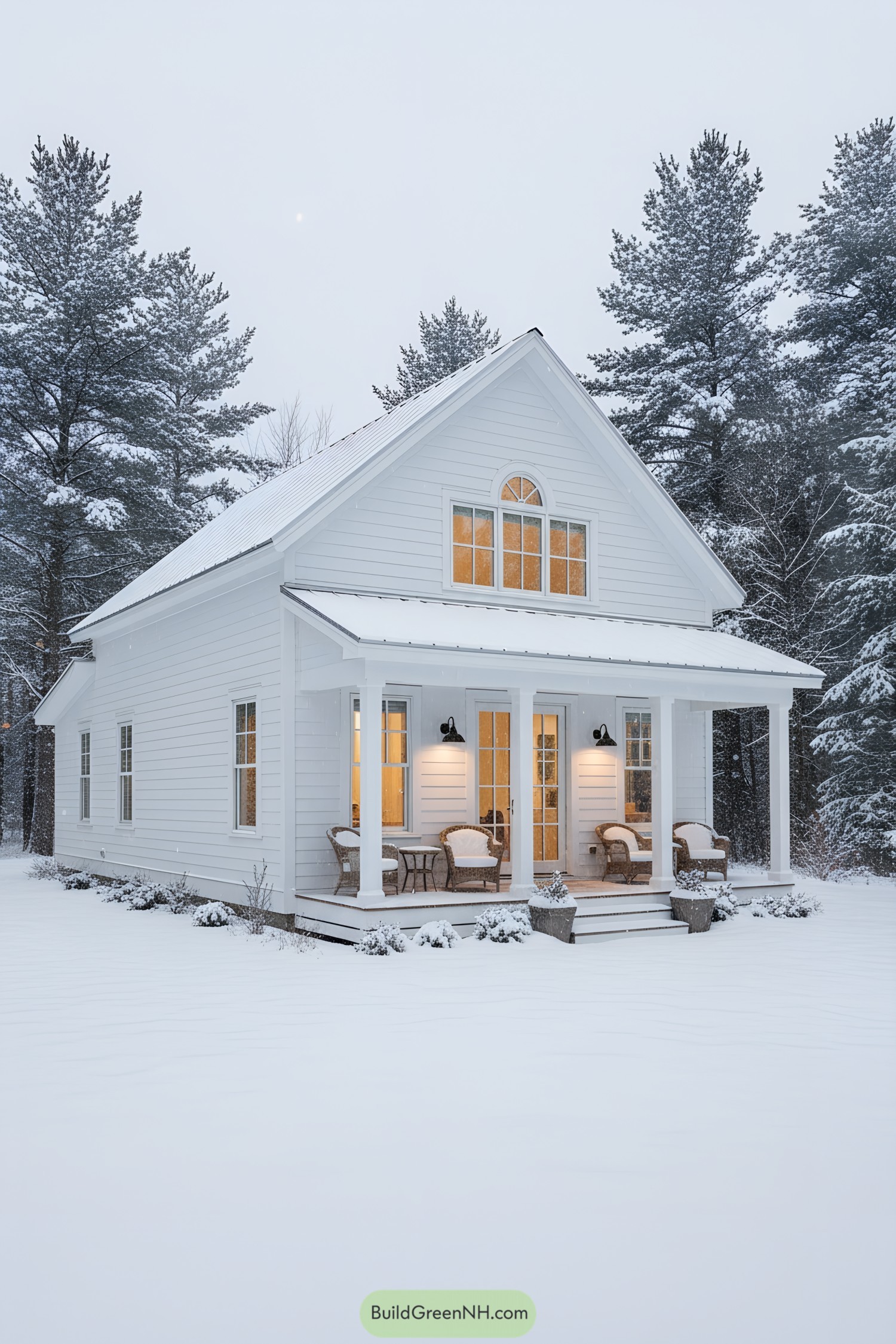 White gabled cottage with half-moon window and porch in snowy pines