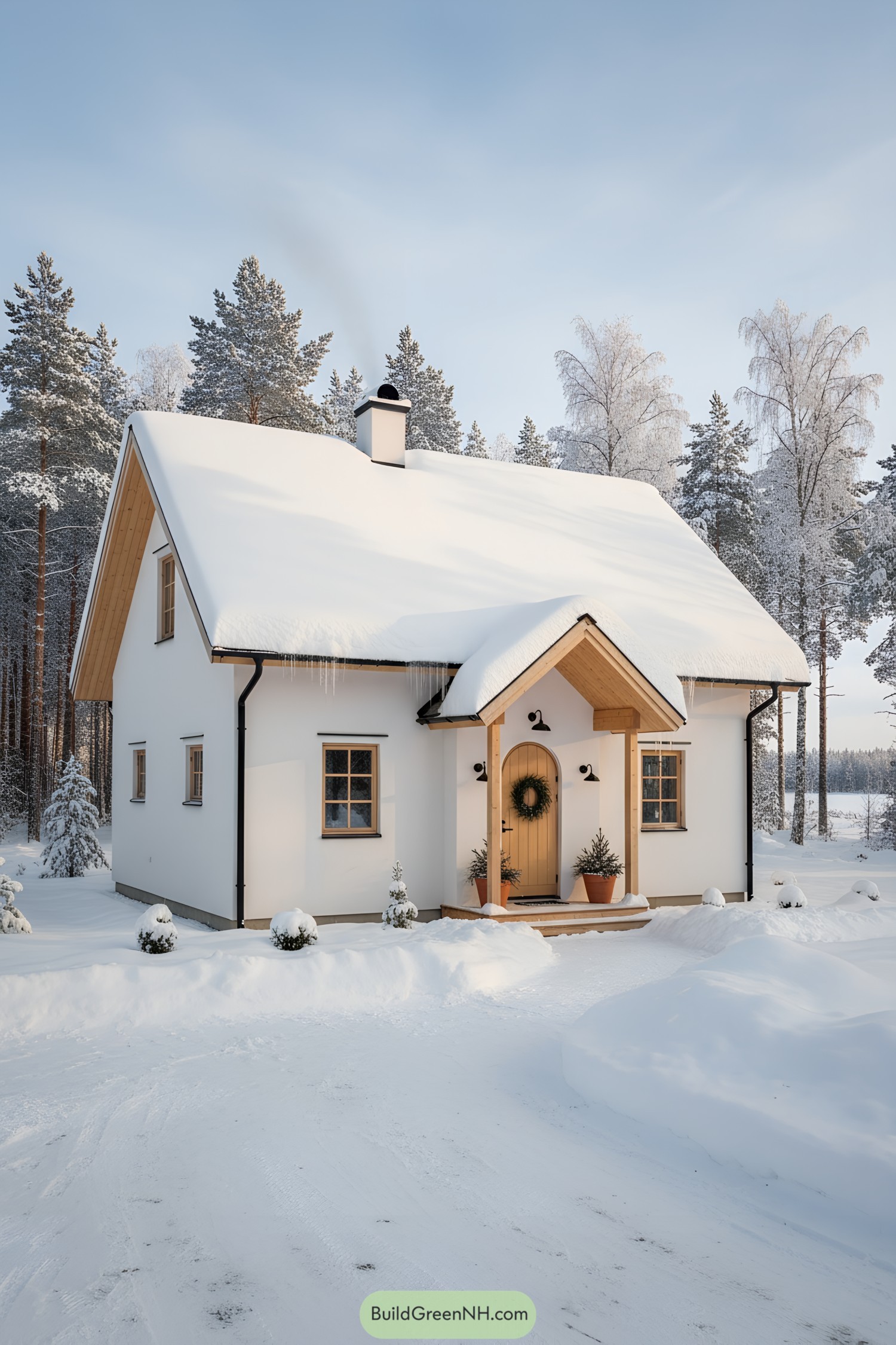 White steep-roof house with arched porch in snow