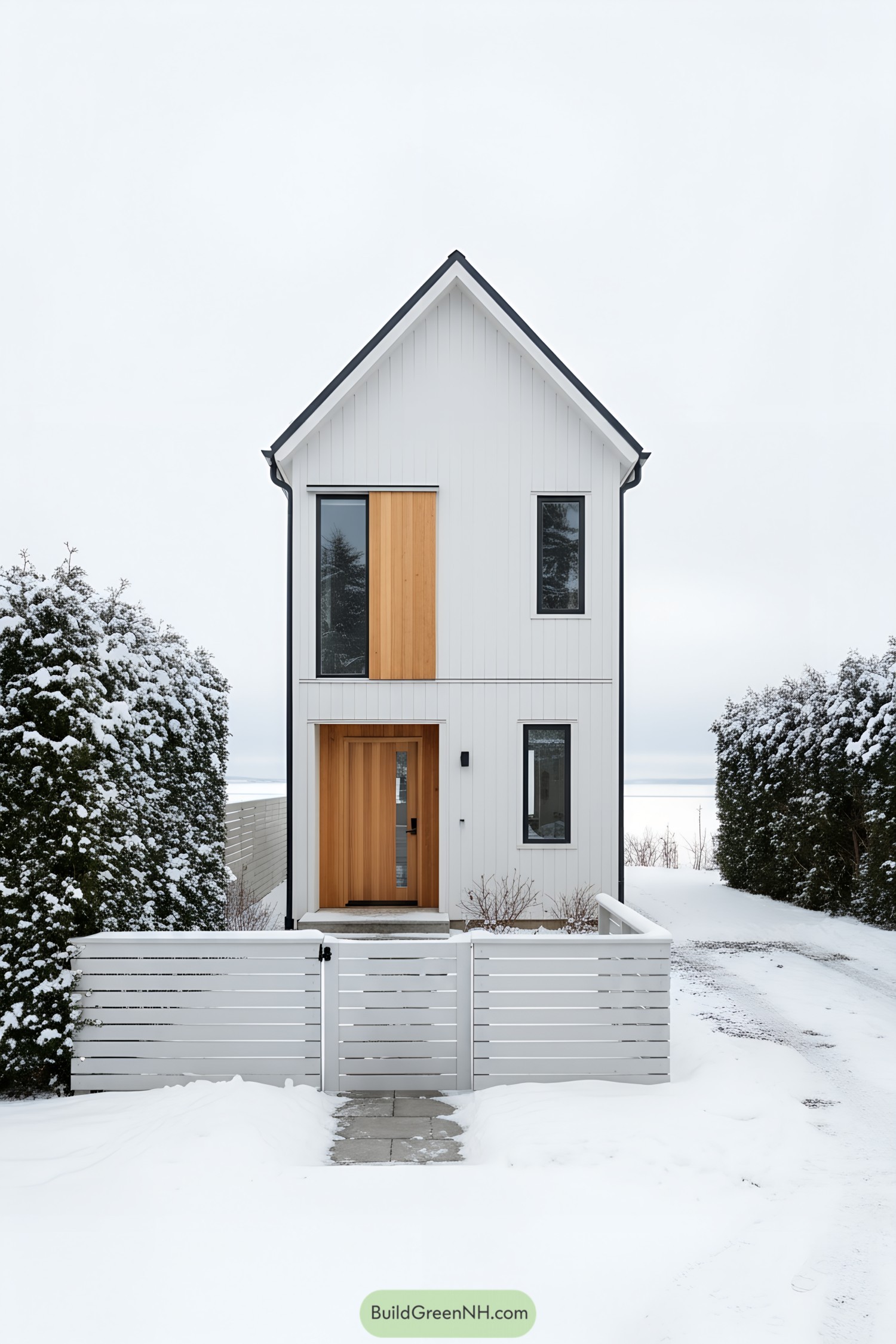 White gabled cottage with cedar accents in snow