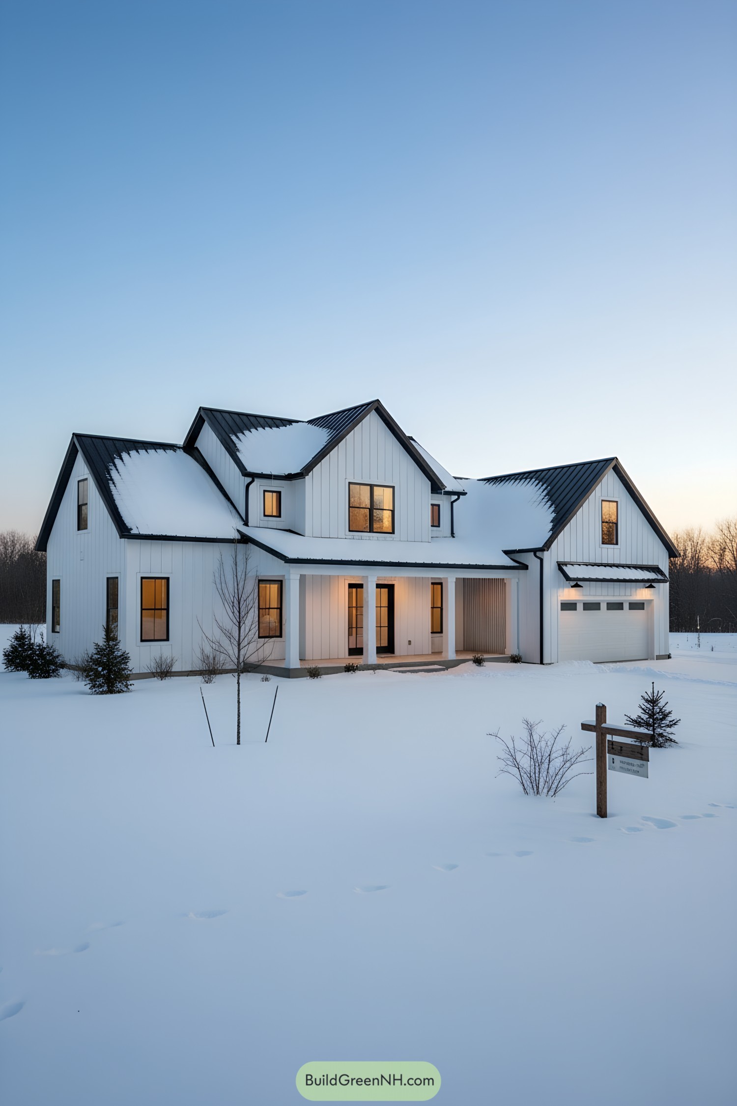 White modern farmhouse with black metal roof in snow