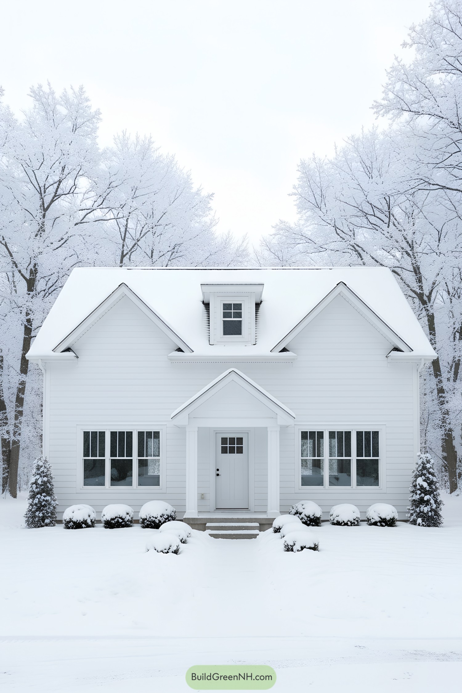 Symmetric white cottage with dormer in snow