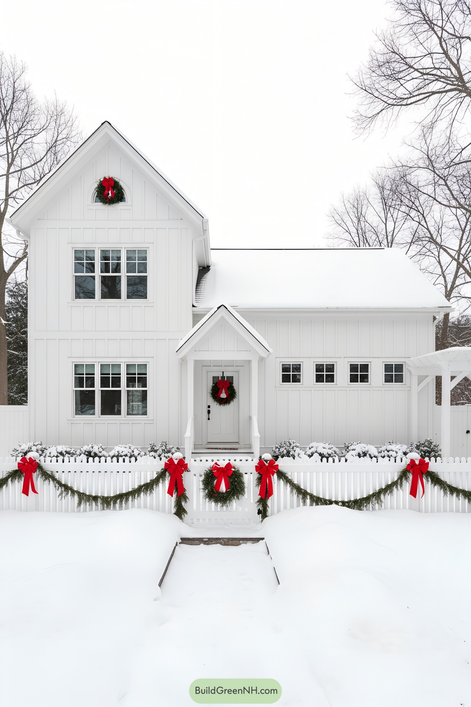 White modern cottage with wreaths and garlands in snow