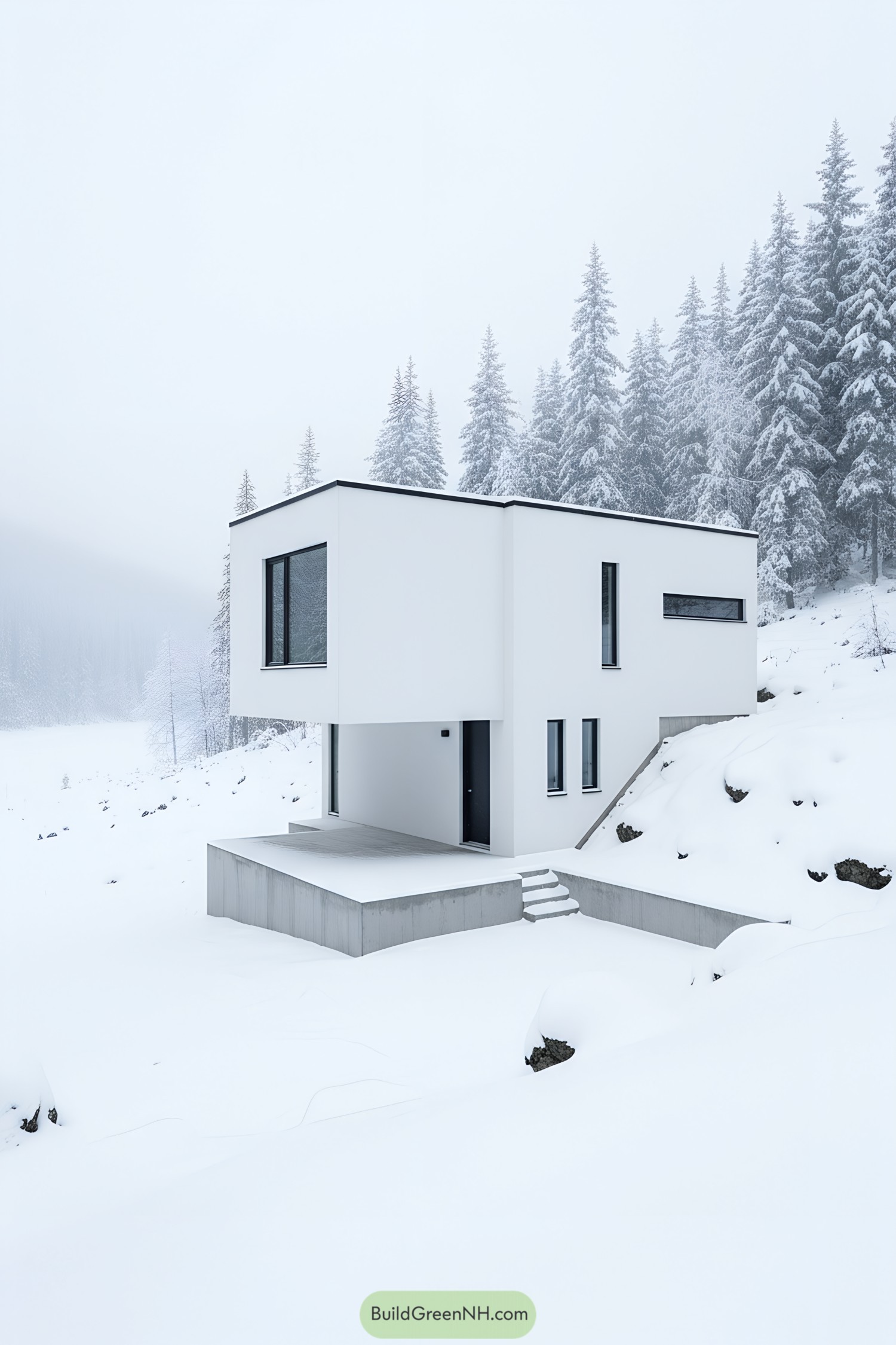 White cantilevered modern cottage on concrete plinth in snow