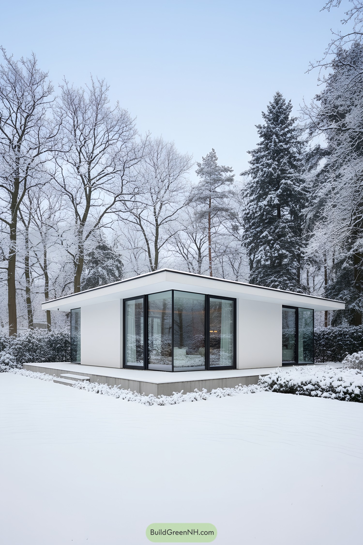 White modern cottage with glass walls in snow