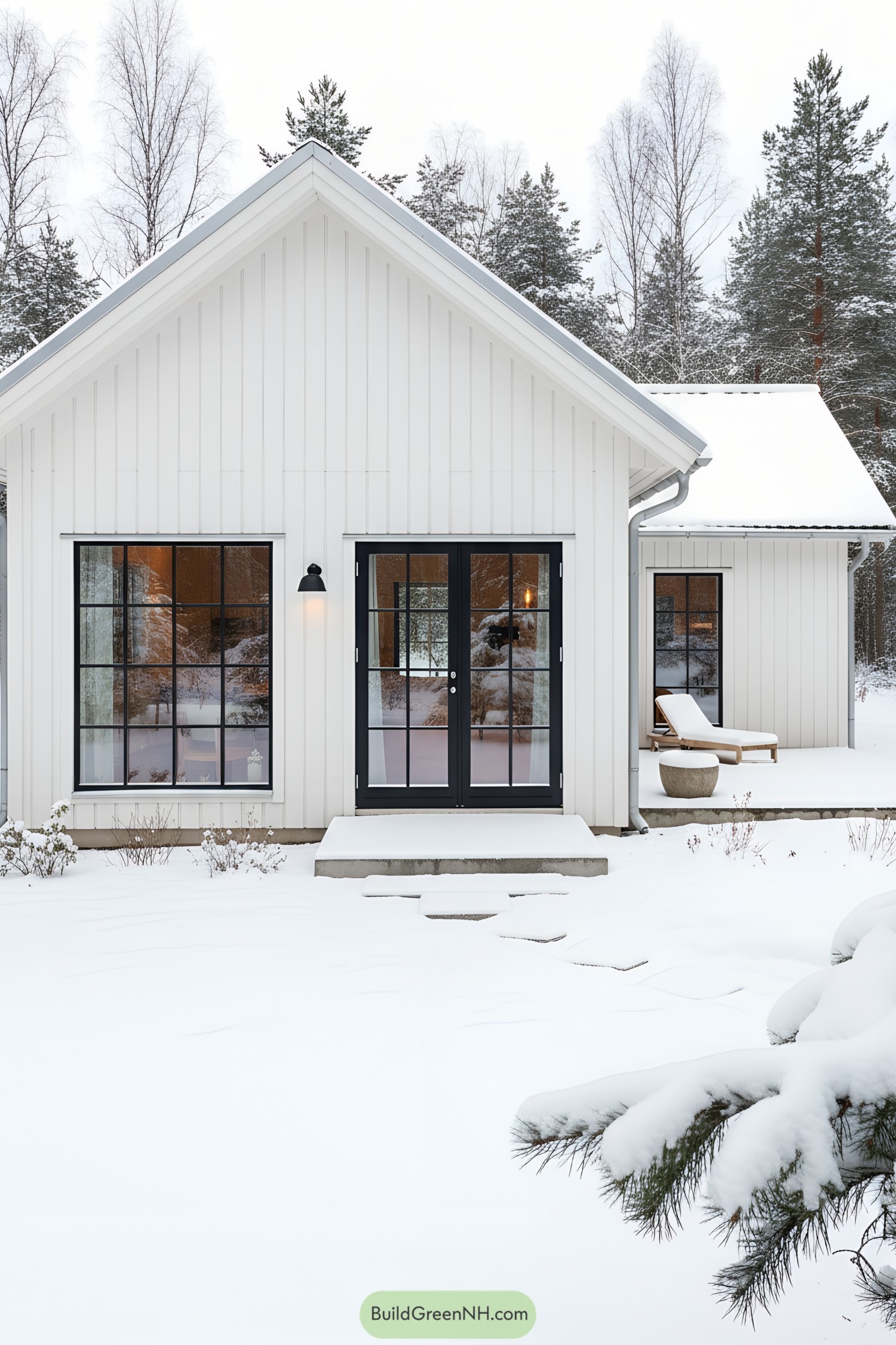 White gabled cottage with black grid windows in snow