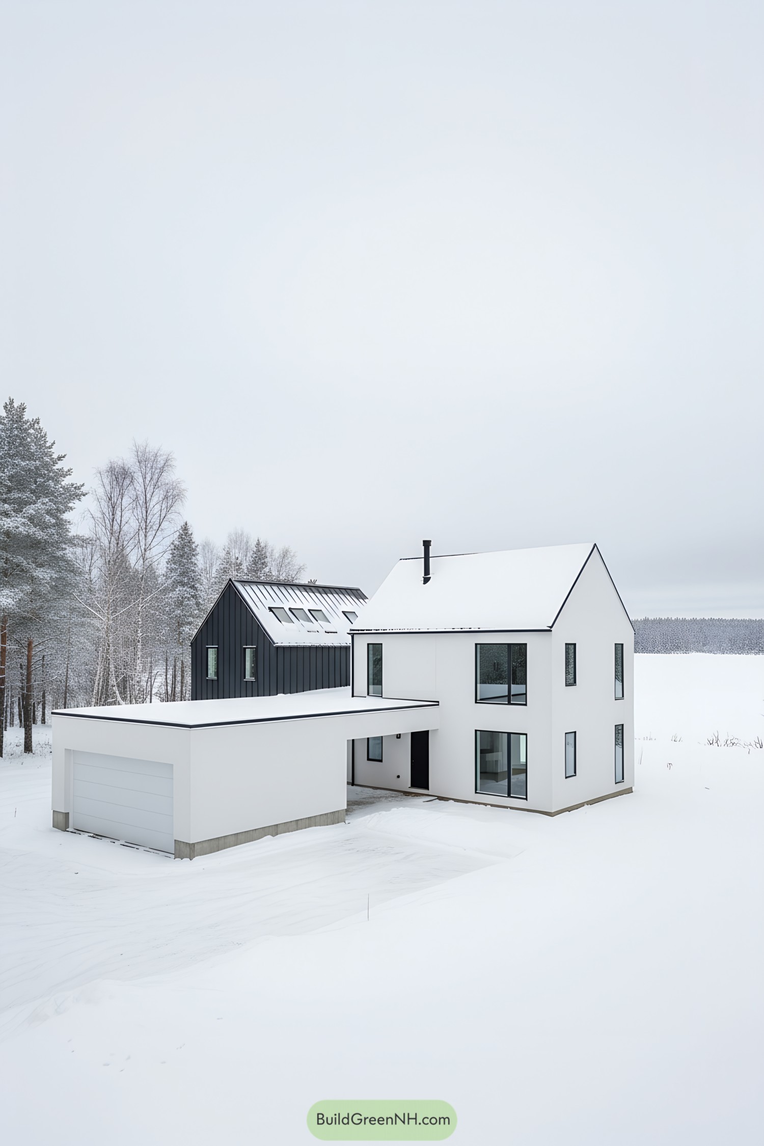 White modern gabled cottage with garage in snow