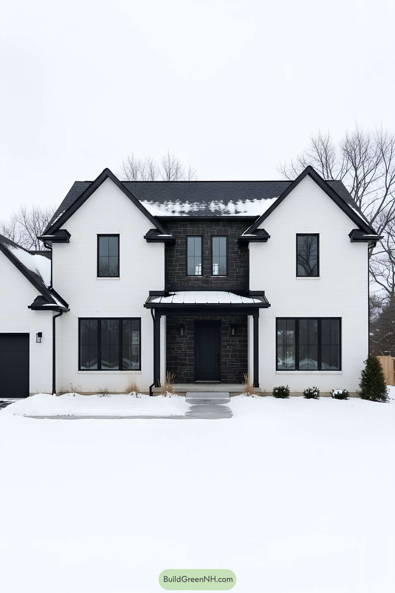 White brick modern cottage with black gables