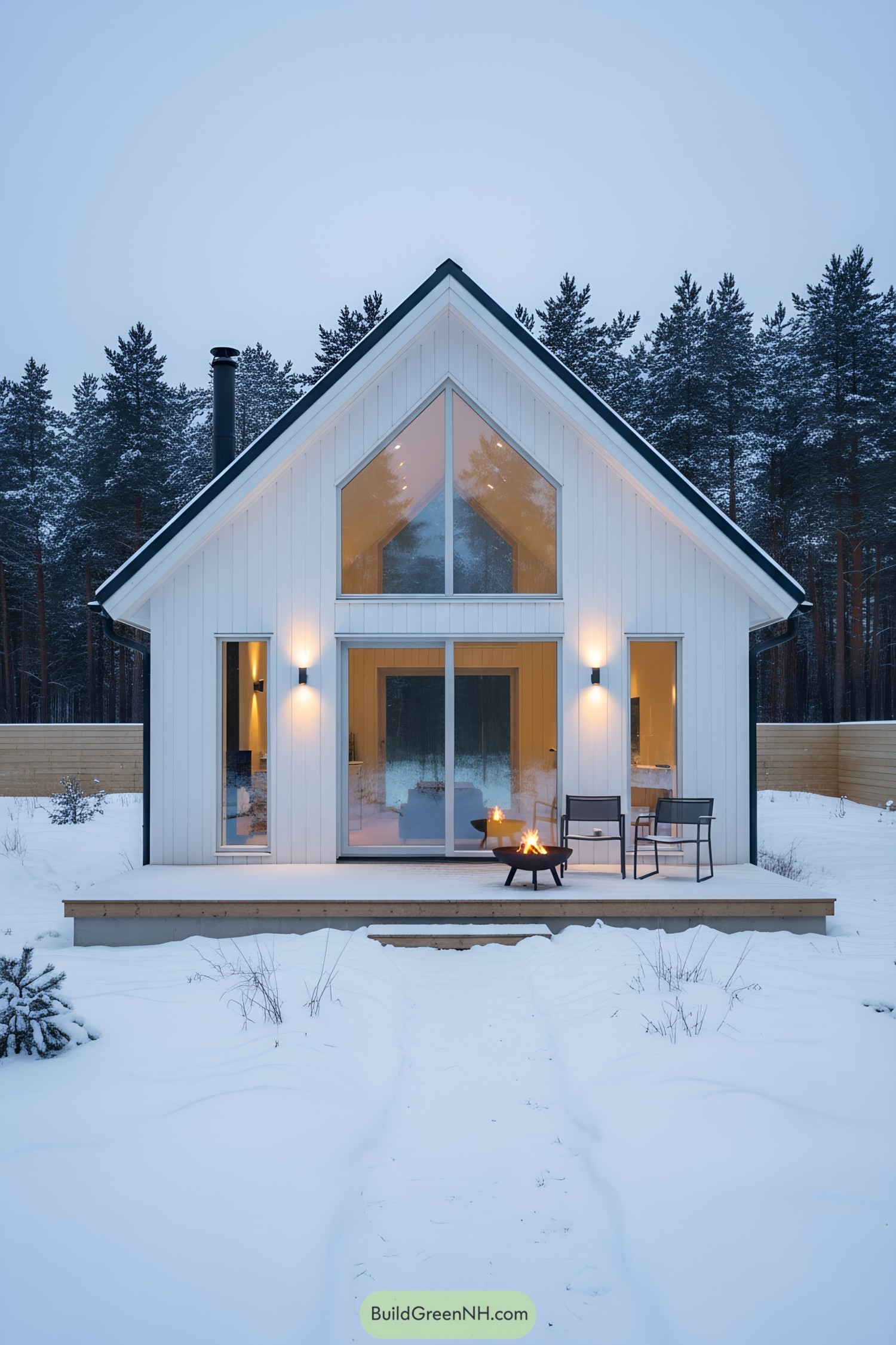 White gabled cottage with tall windows and patio fires in snowy woods