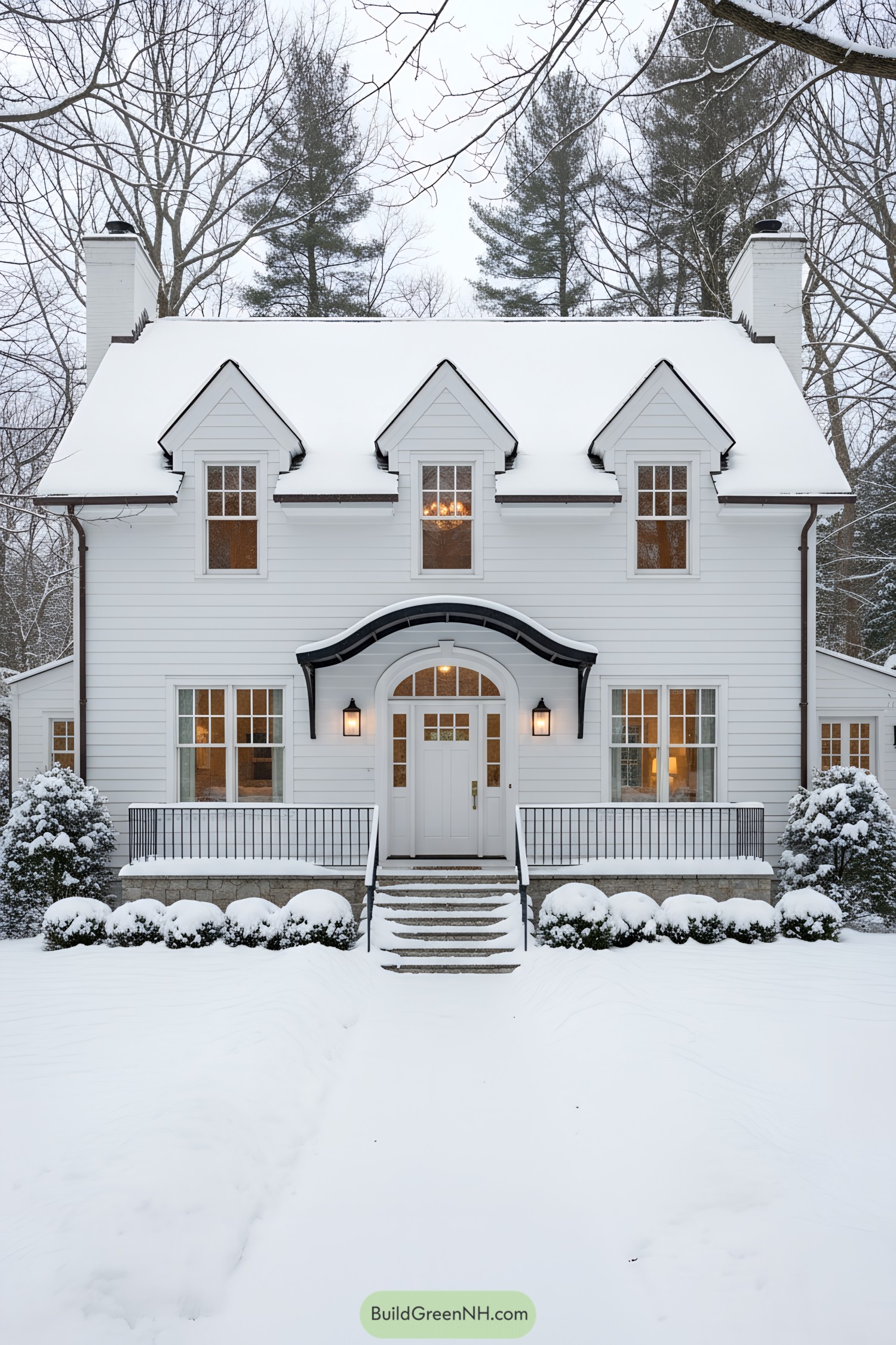 White clapboard cottage with three dormers in snow