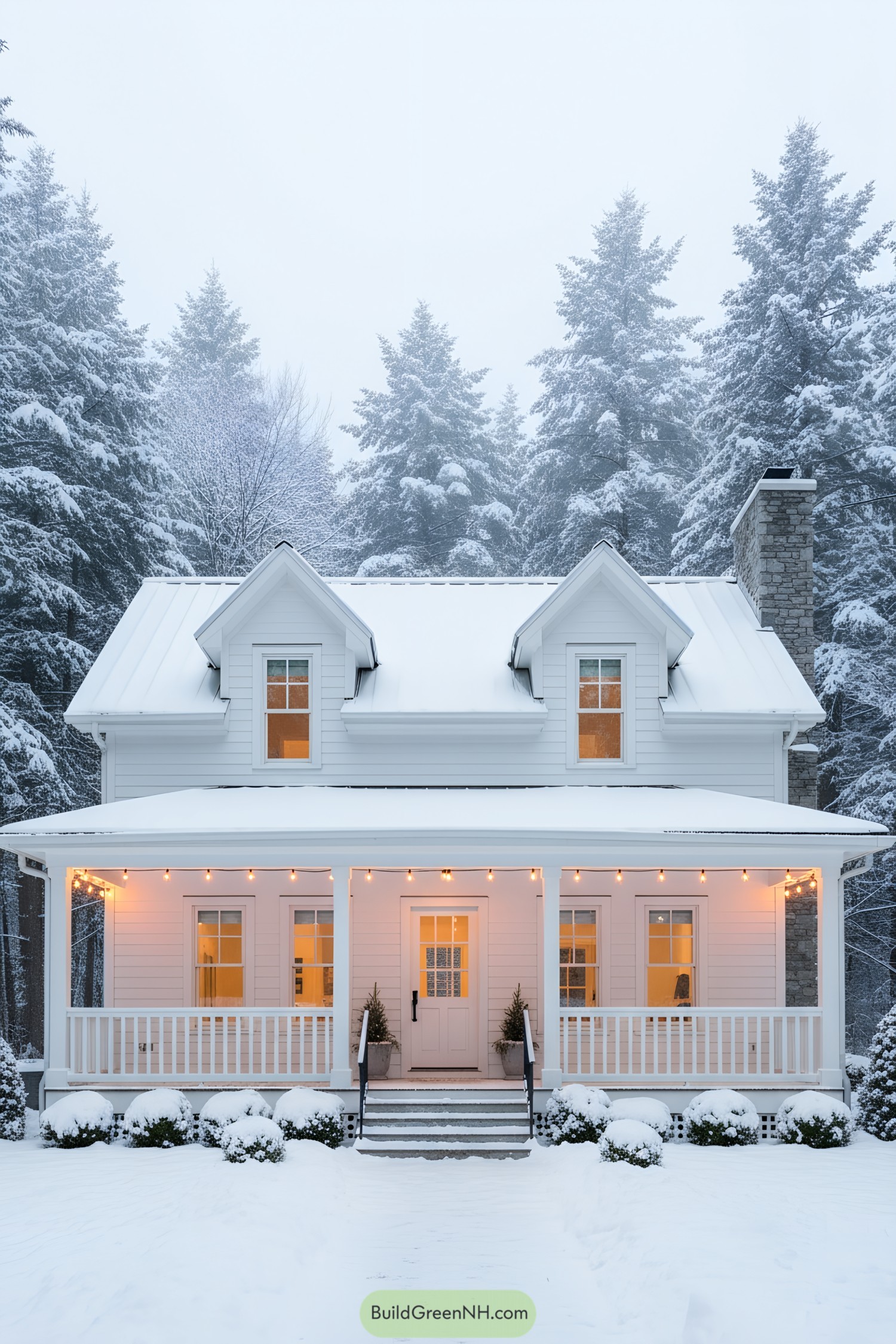 White farmhouse with three dormers, lit porch, and stone chimney in snowy pines