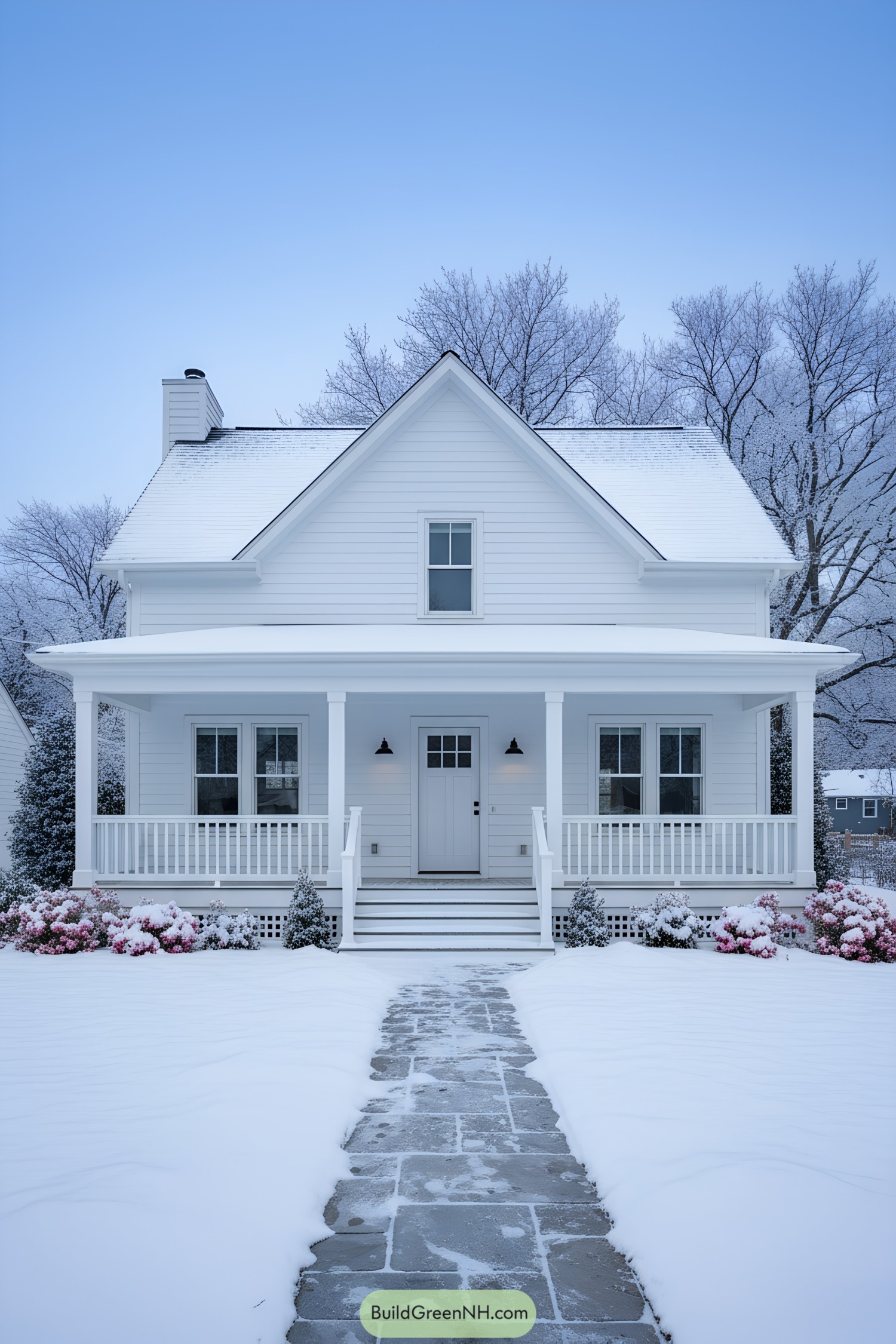 White farmhouse with broad porch in snow