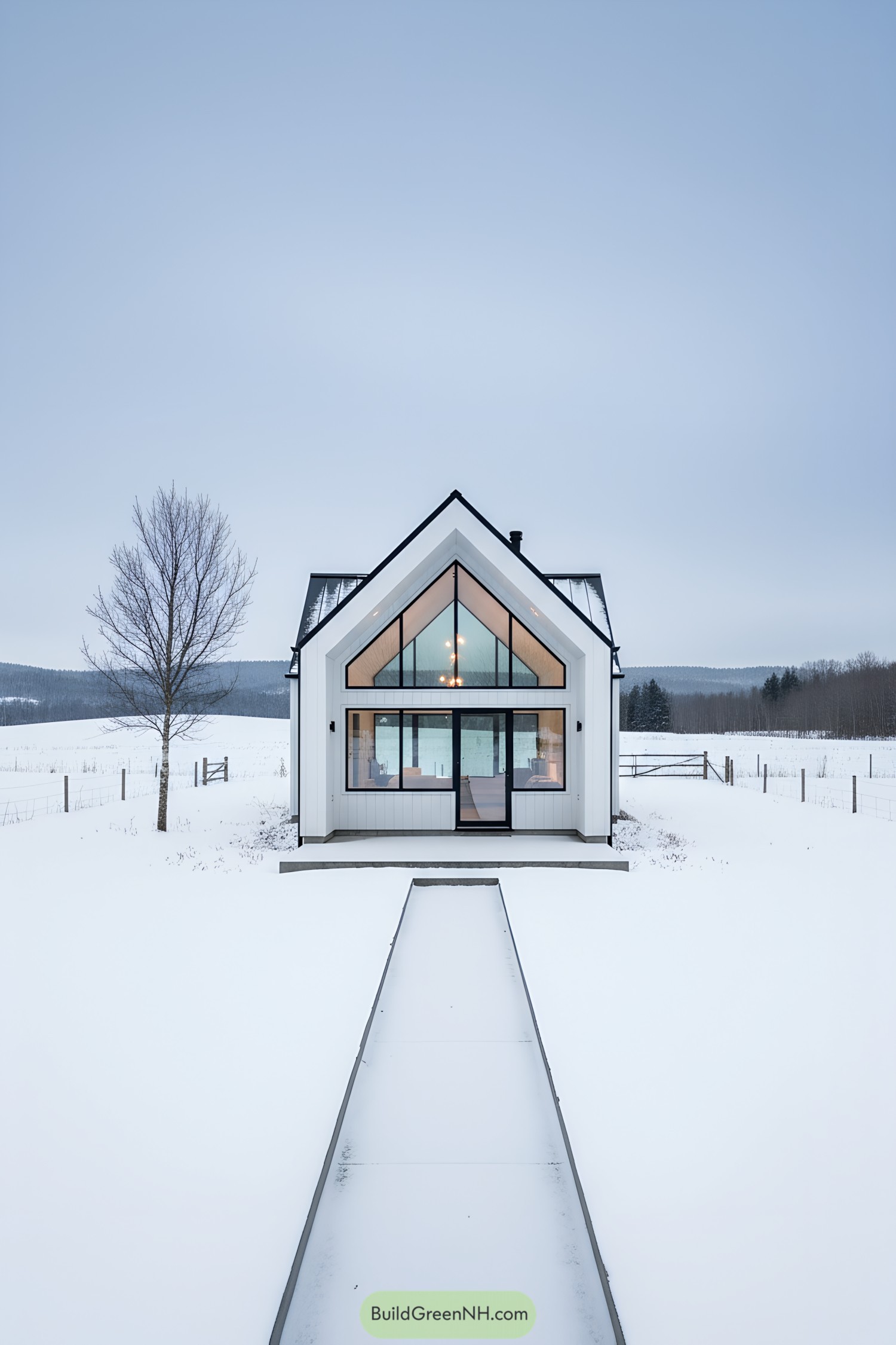 White modern gabled cottage with full-height glass facade in snow