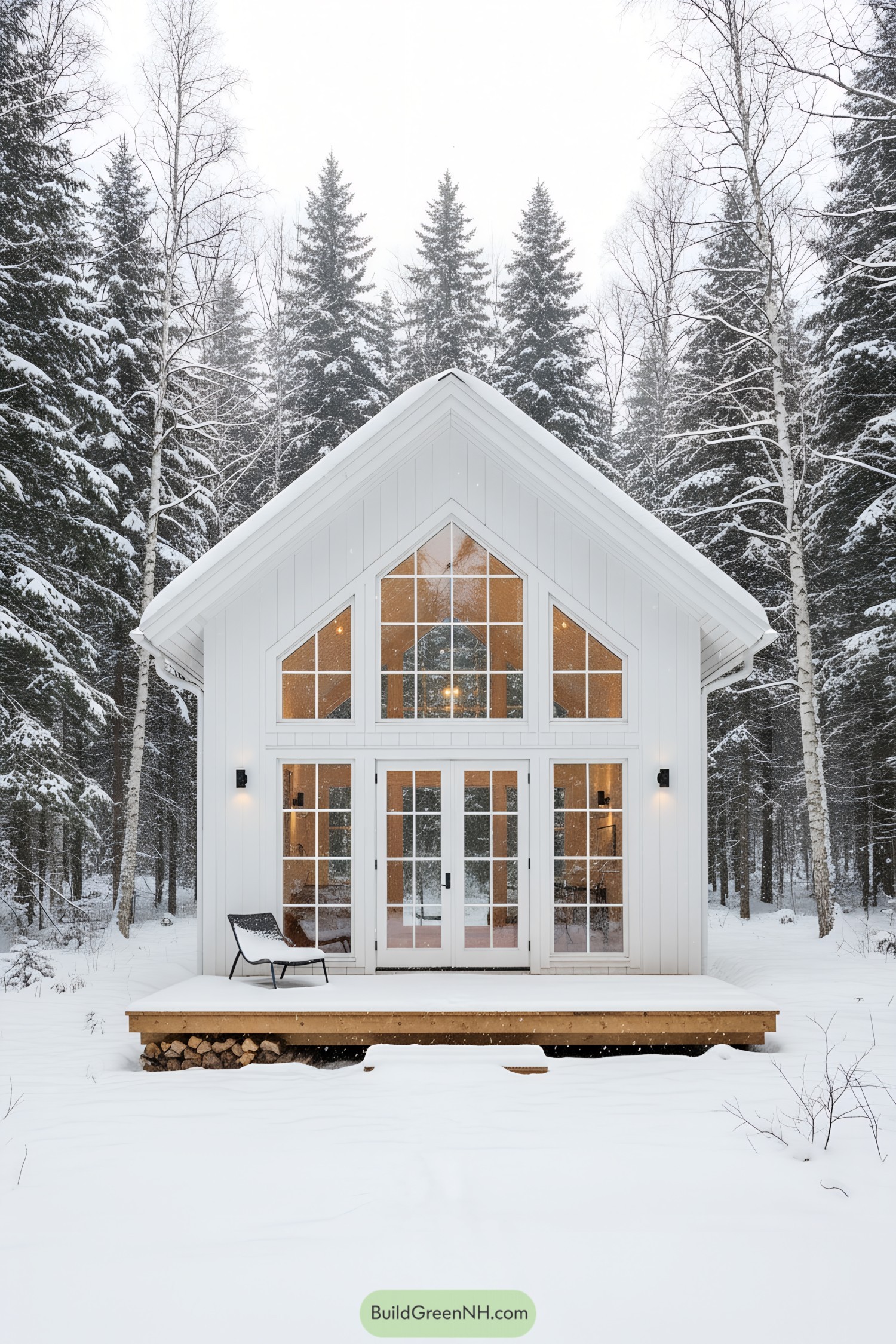 White gabled cottage with grid windows and small wood deck in snow