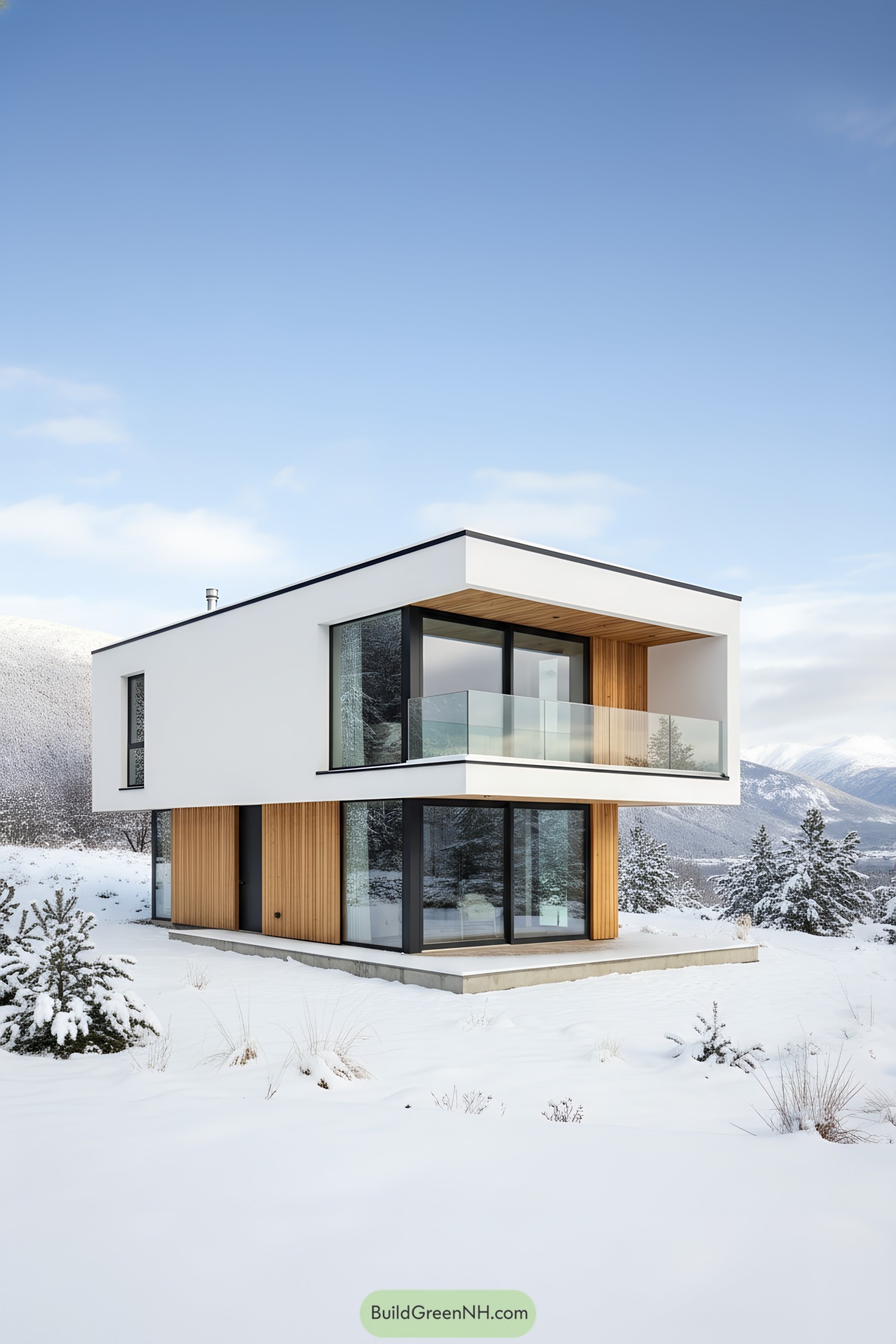 Two-story white modern chalet with glass balcony and cedar accents in snow