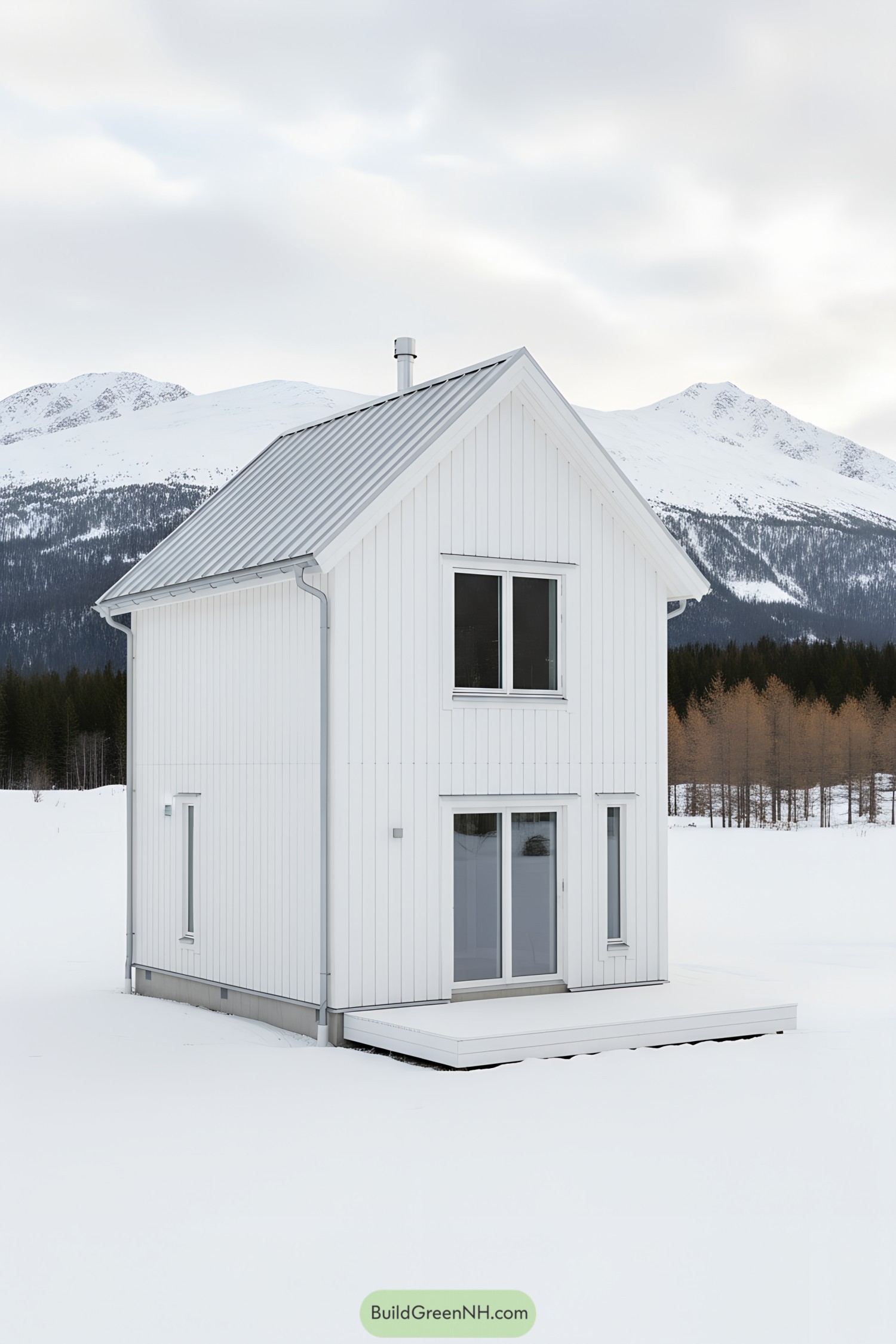 Tall white micro cabin in snowy field