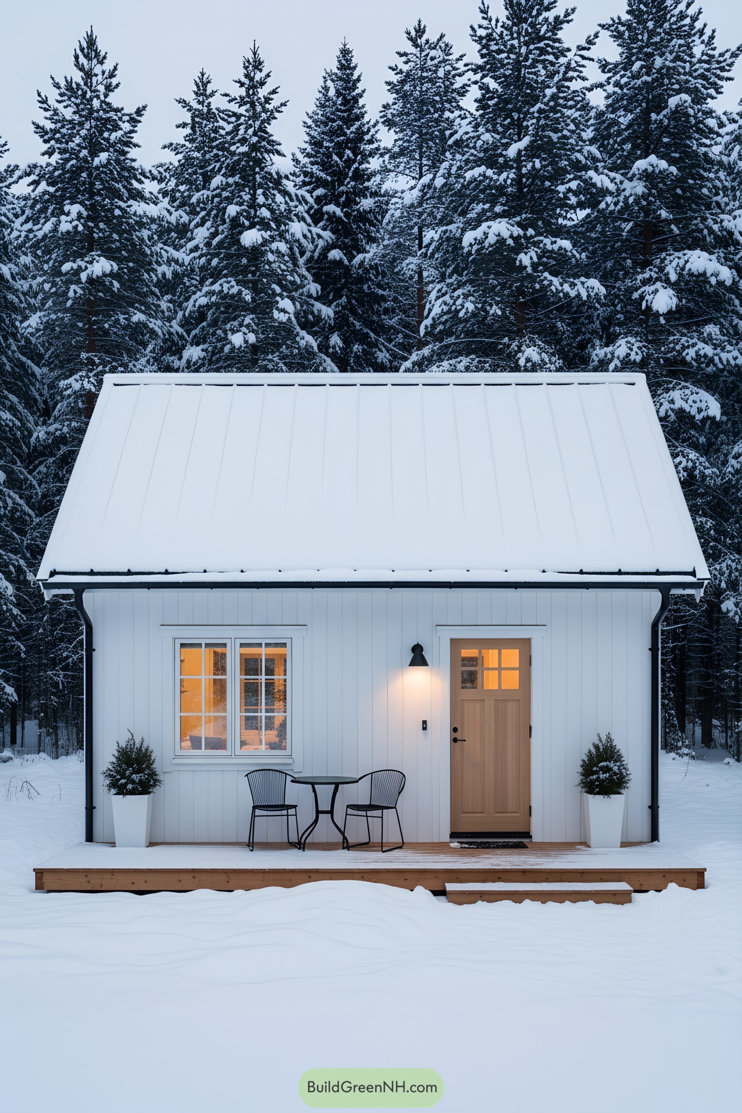 White gabled cottage with wood door and snowy porch