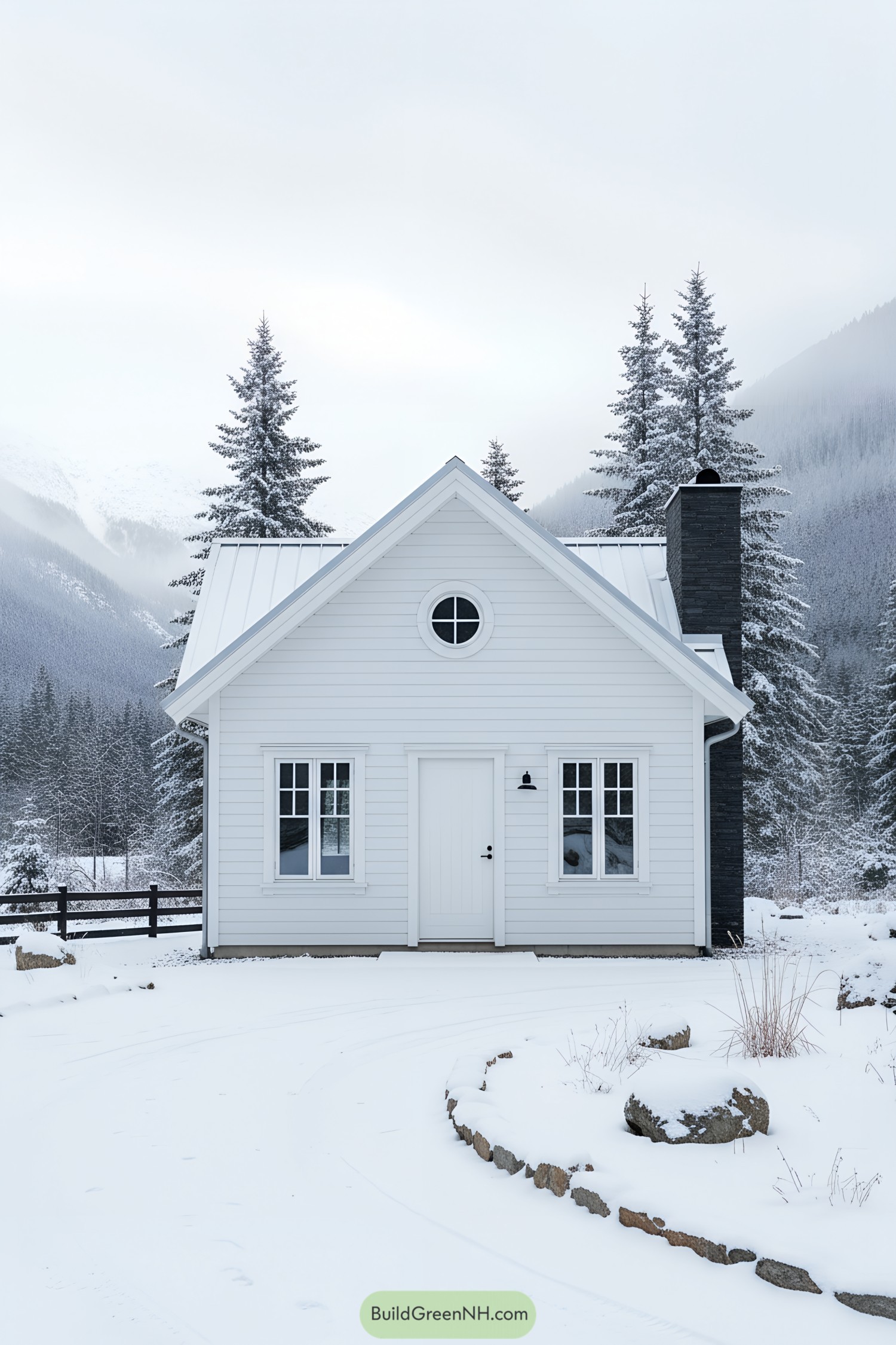 White gabled cottage with porthole window and dark chimney in snow