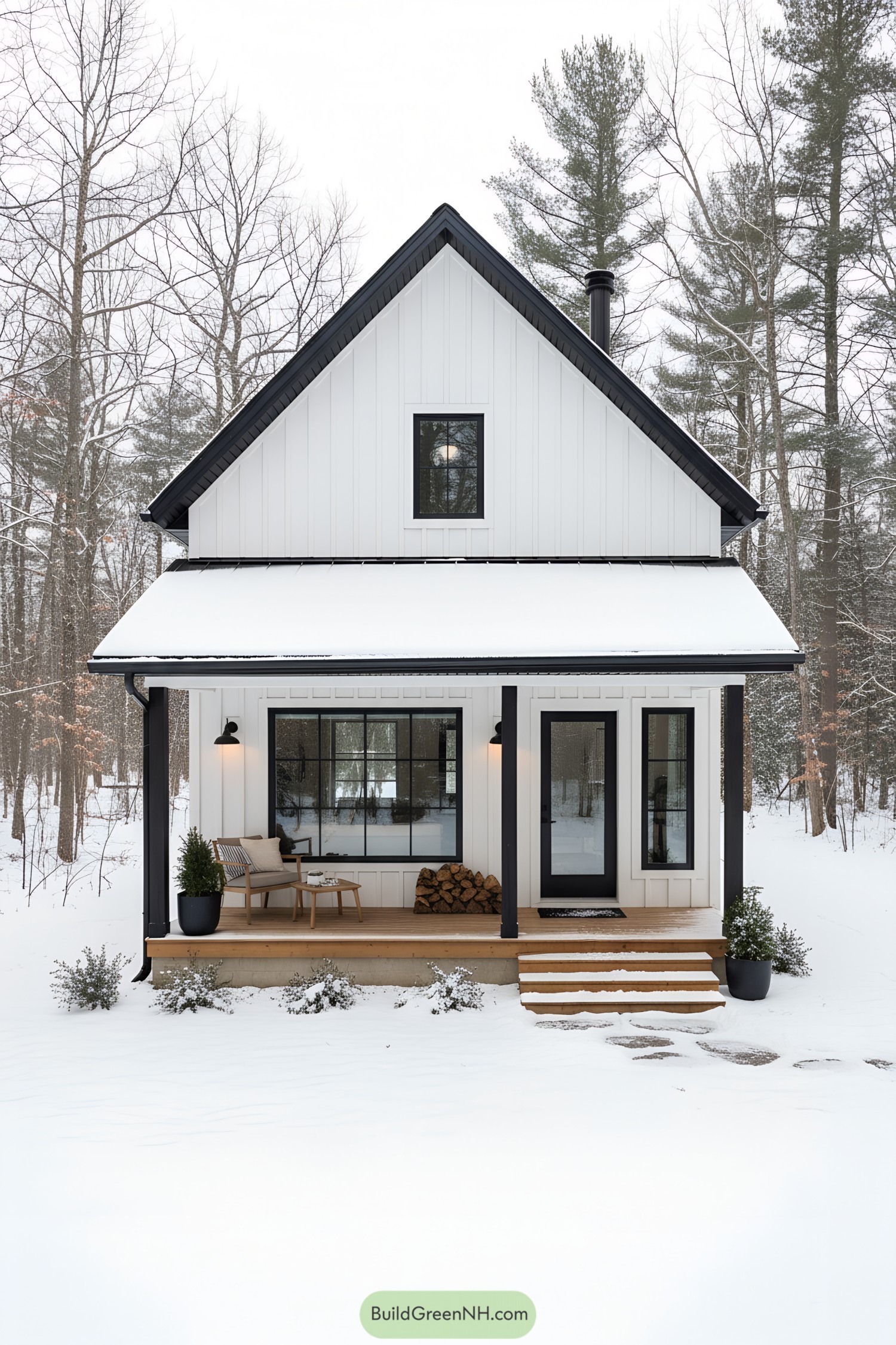 White gabled cottage with black trim in snow