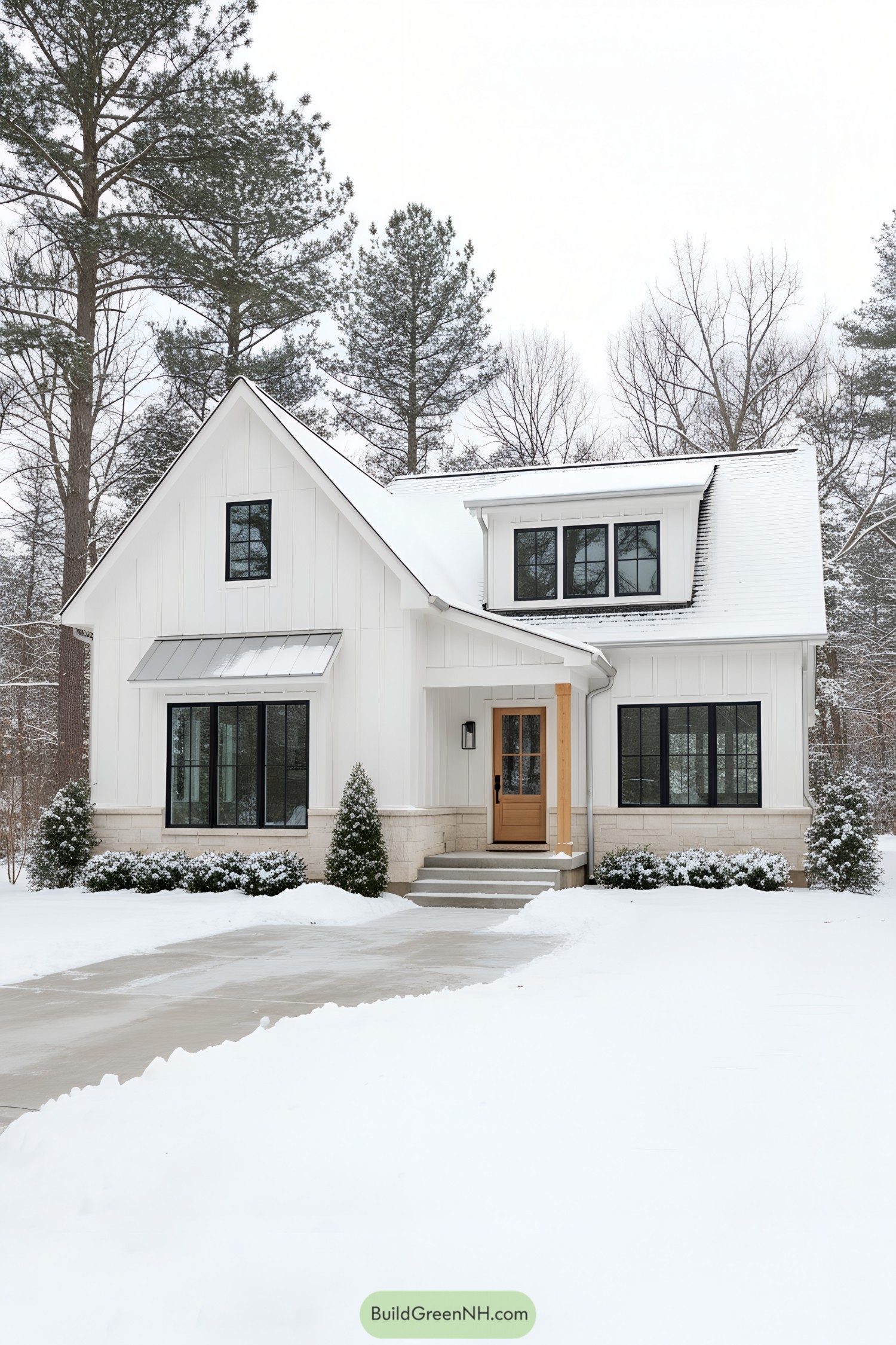 White board-and-batten cottage with black windows, snow-covered roof, timber-post entry, and stone base