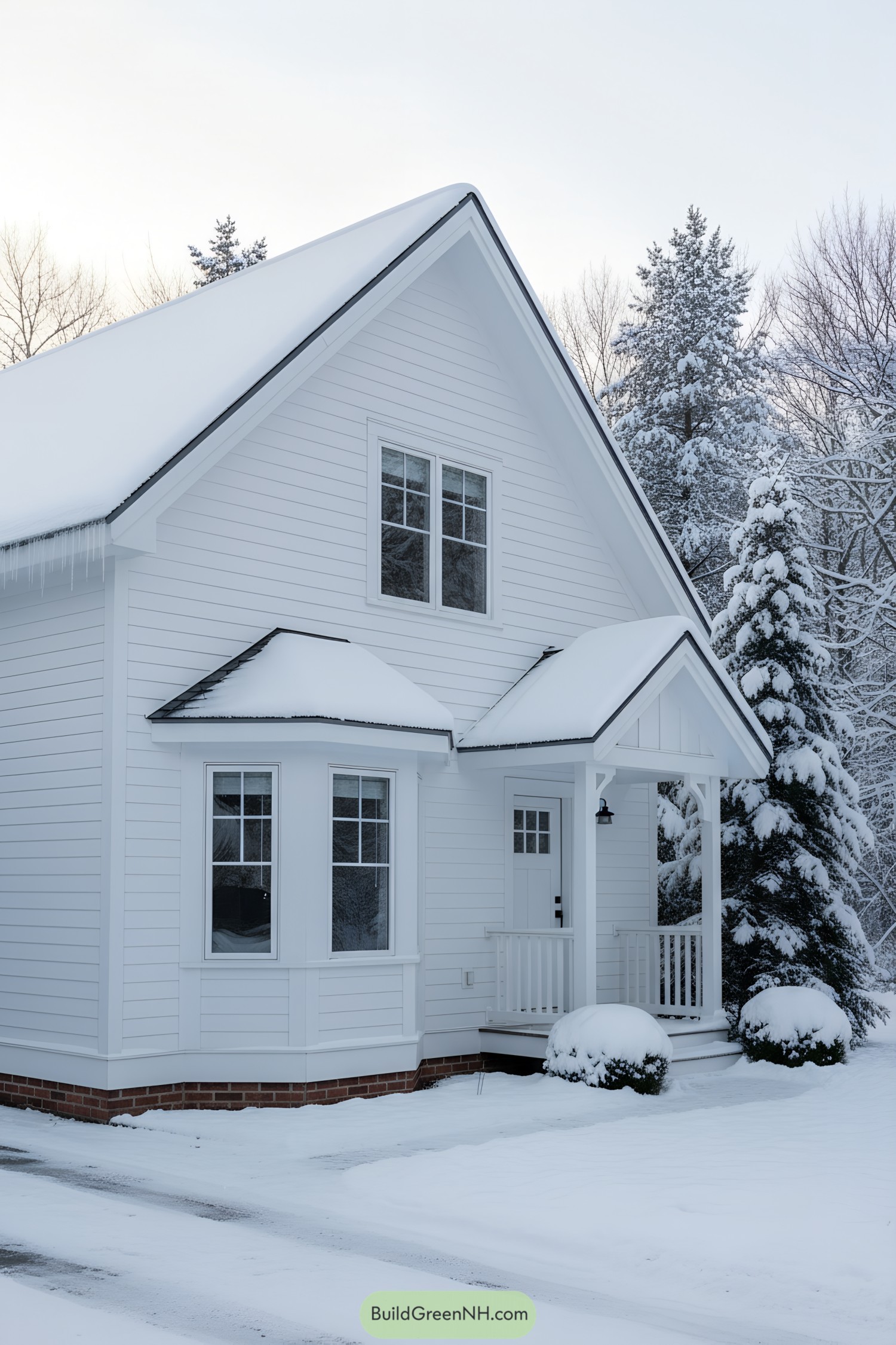 White gabled cottage with snowy porch and bay