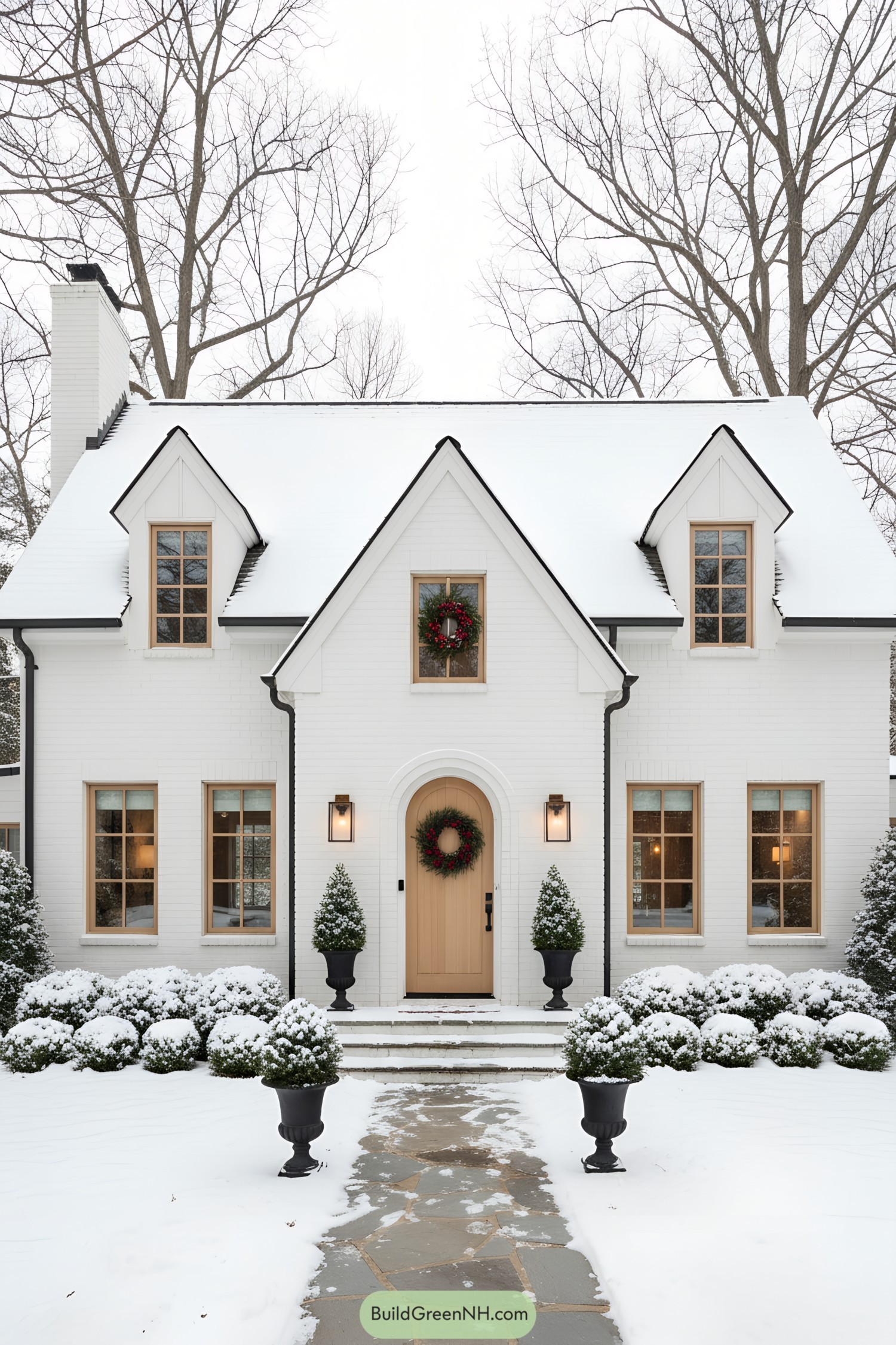 White brick gable house with arched oak door in snow