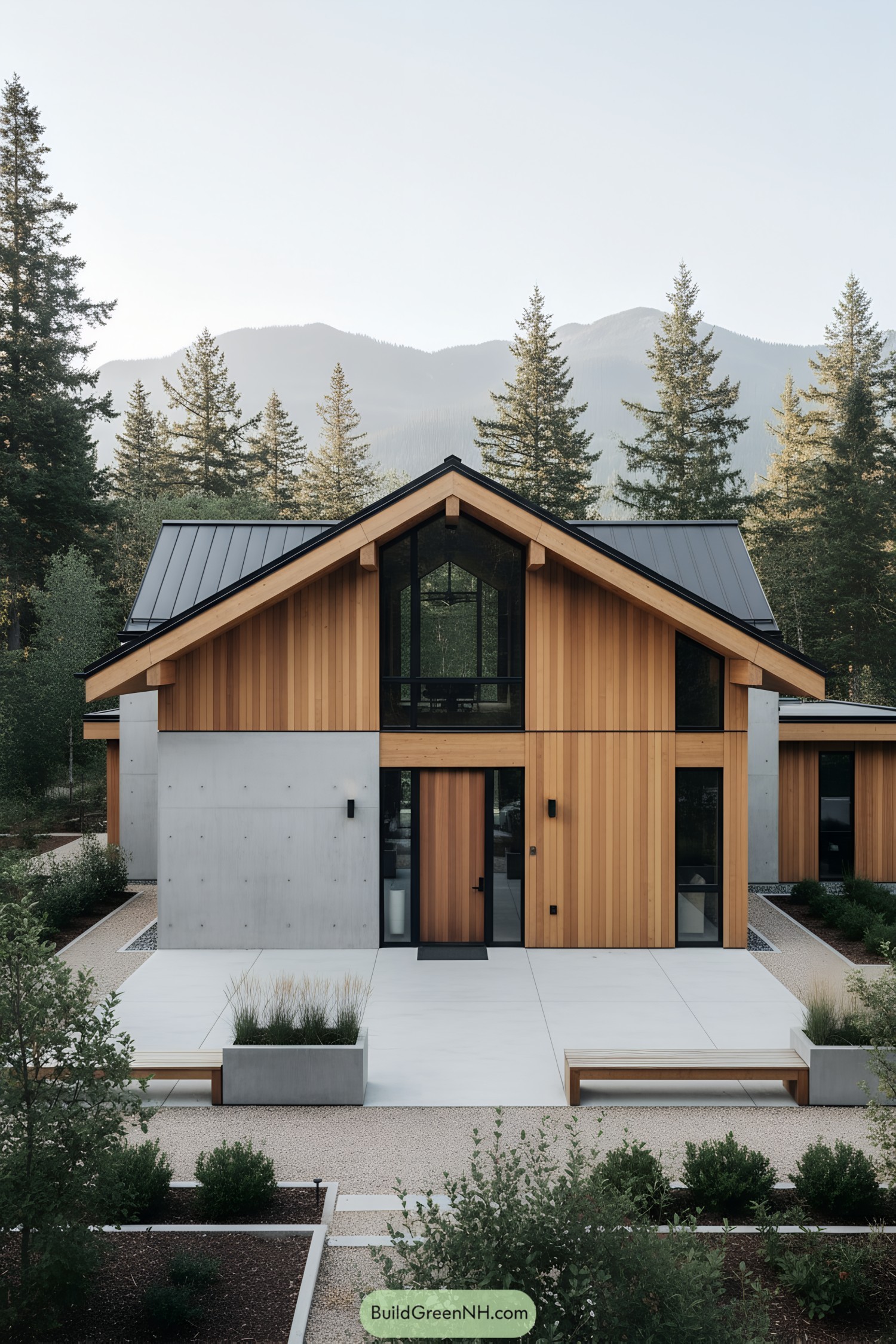 A modern house blending timber and concrete in a wooded area