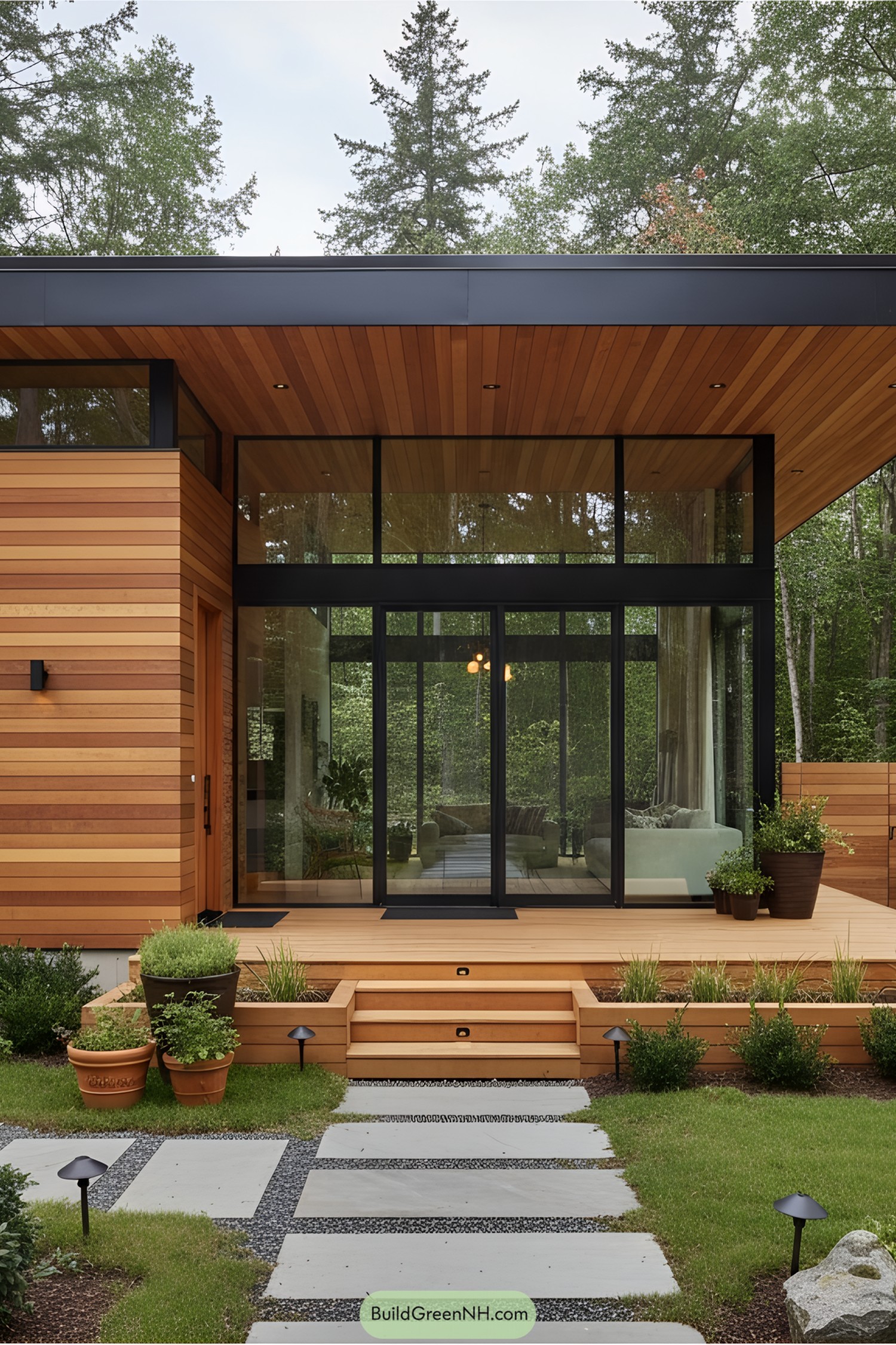 Wood and glass house with lush garden