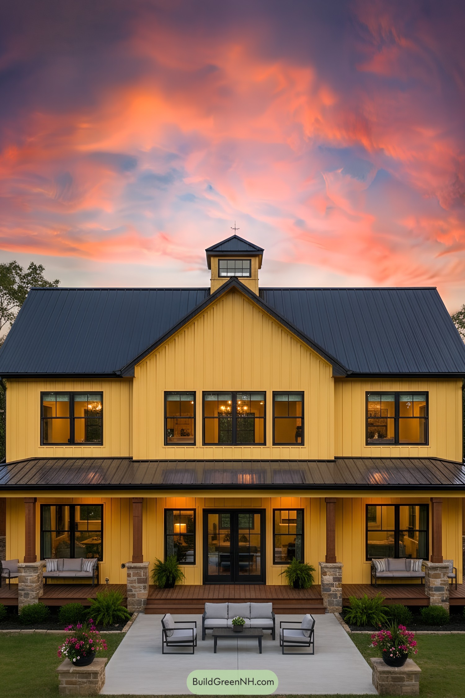 Yellow barndominium with a stunning sky backdrop