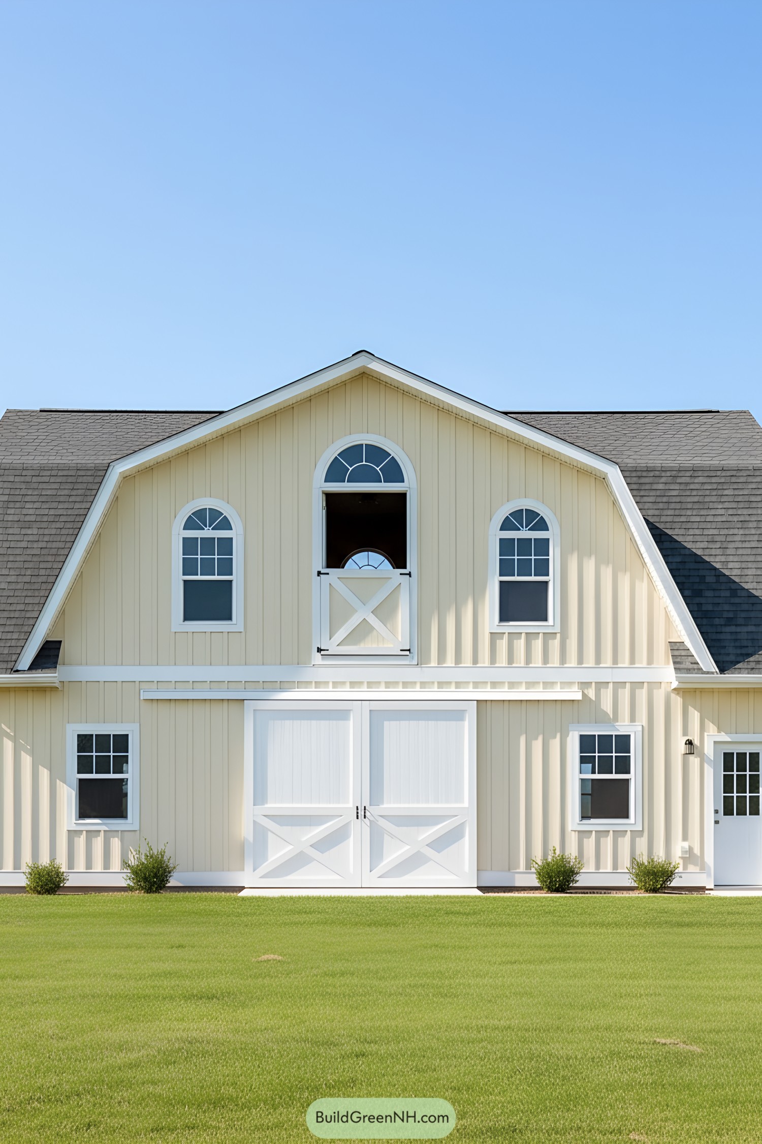 Yellow barndominium with crisp white trim