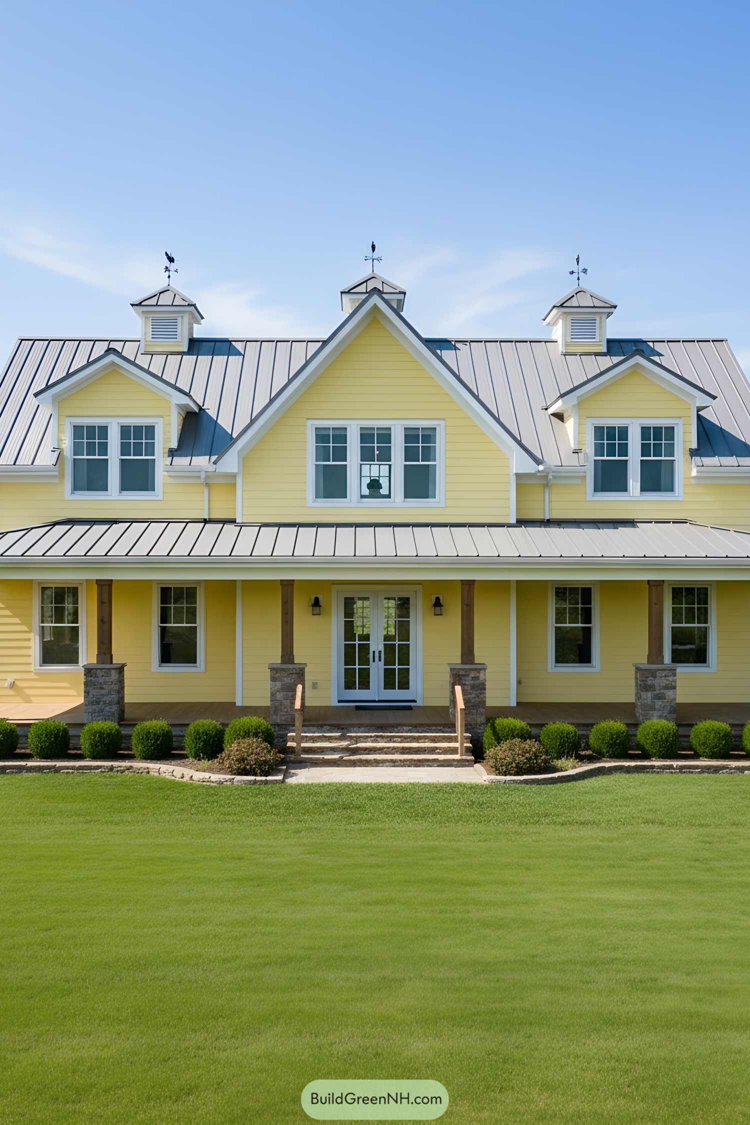 Bright yellow barn-style home with three dormers